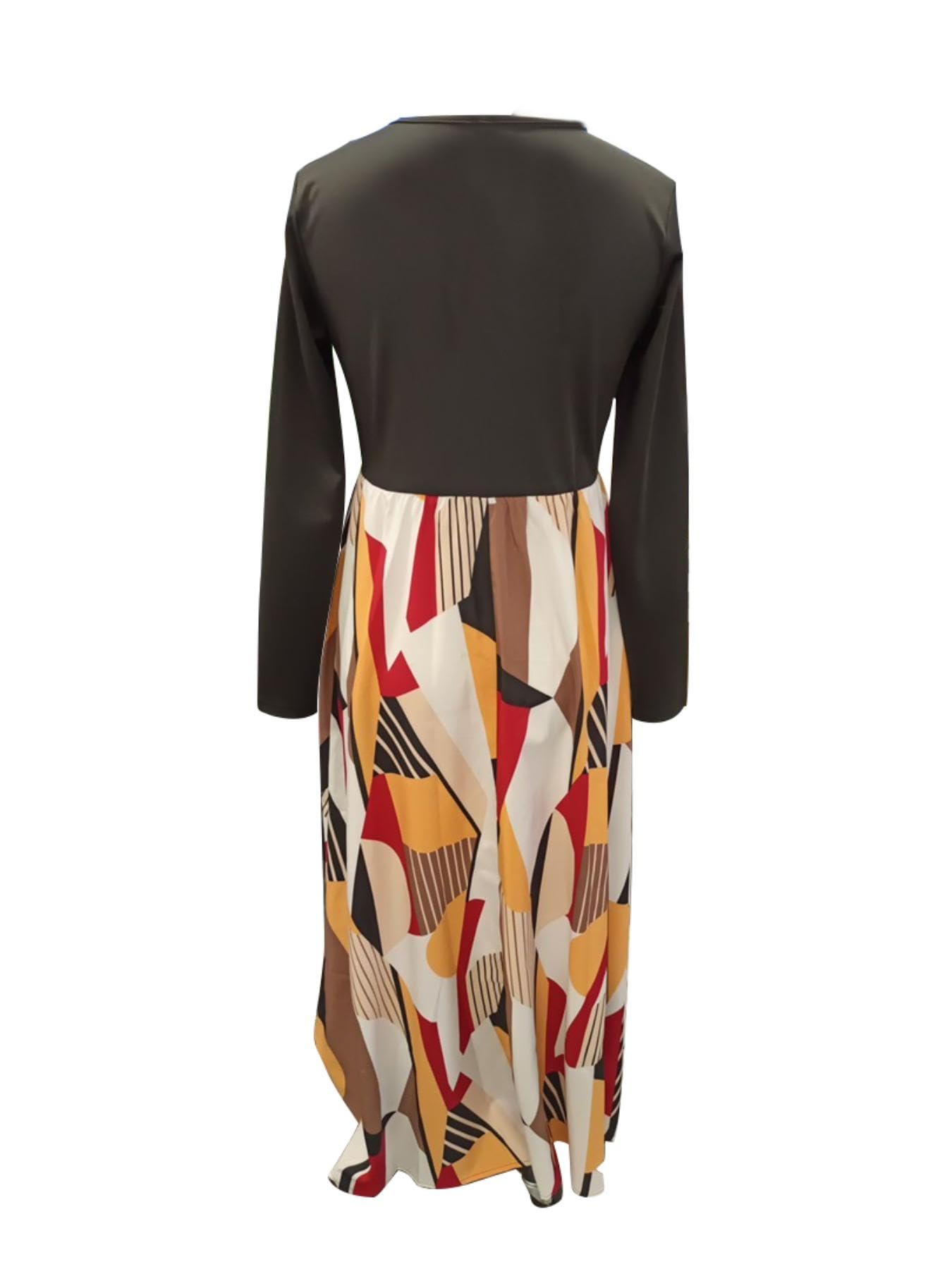 Women V Neck Long Sleeve Midi Dress Color Block Geometric Print Flowy A Line Dress For Party Daily Vacation photo 4