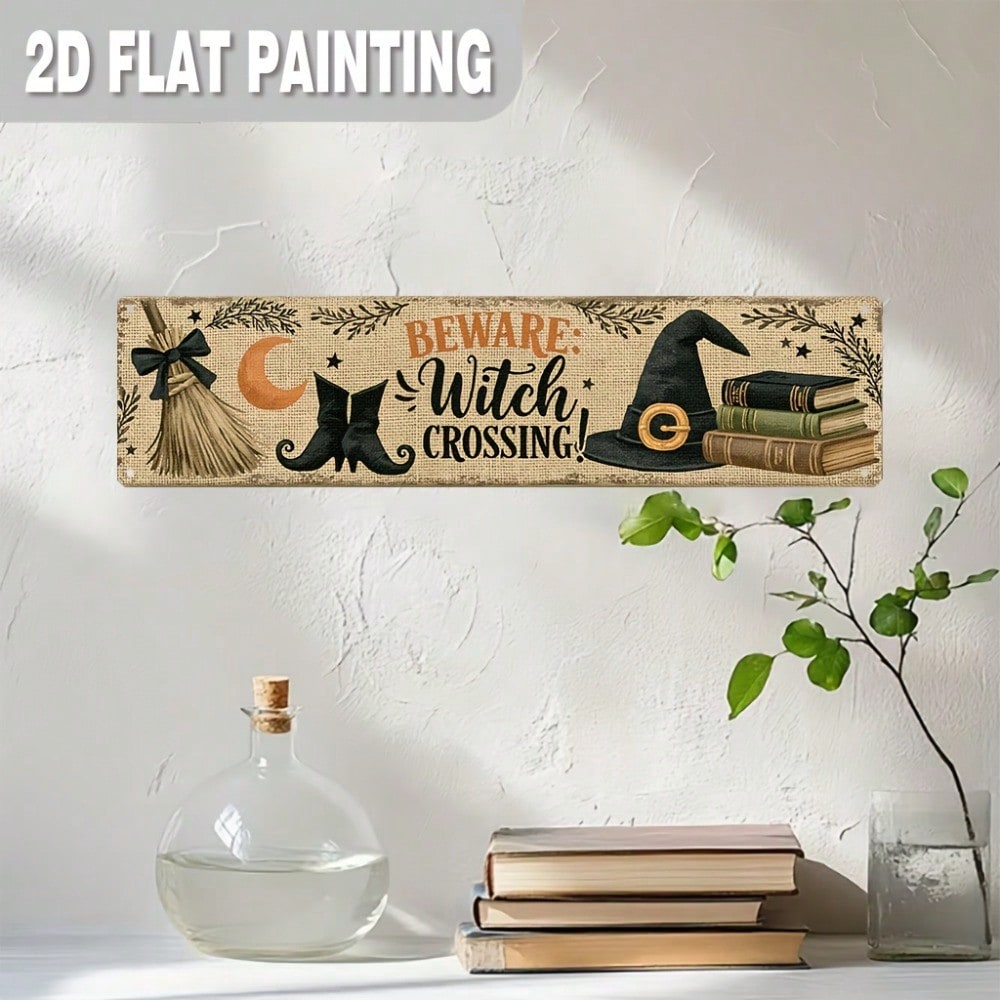 Beware Witch Crossing Metal Sign 2D Flat, Rustic Halloween Entryway Decor photo 6