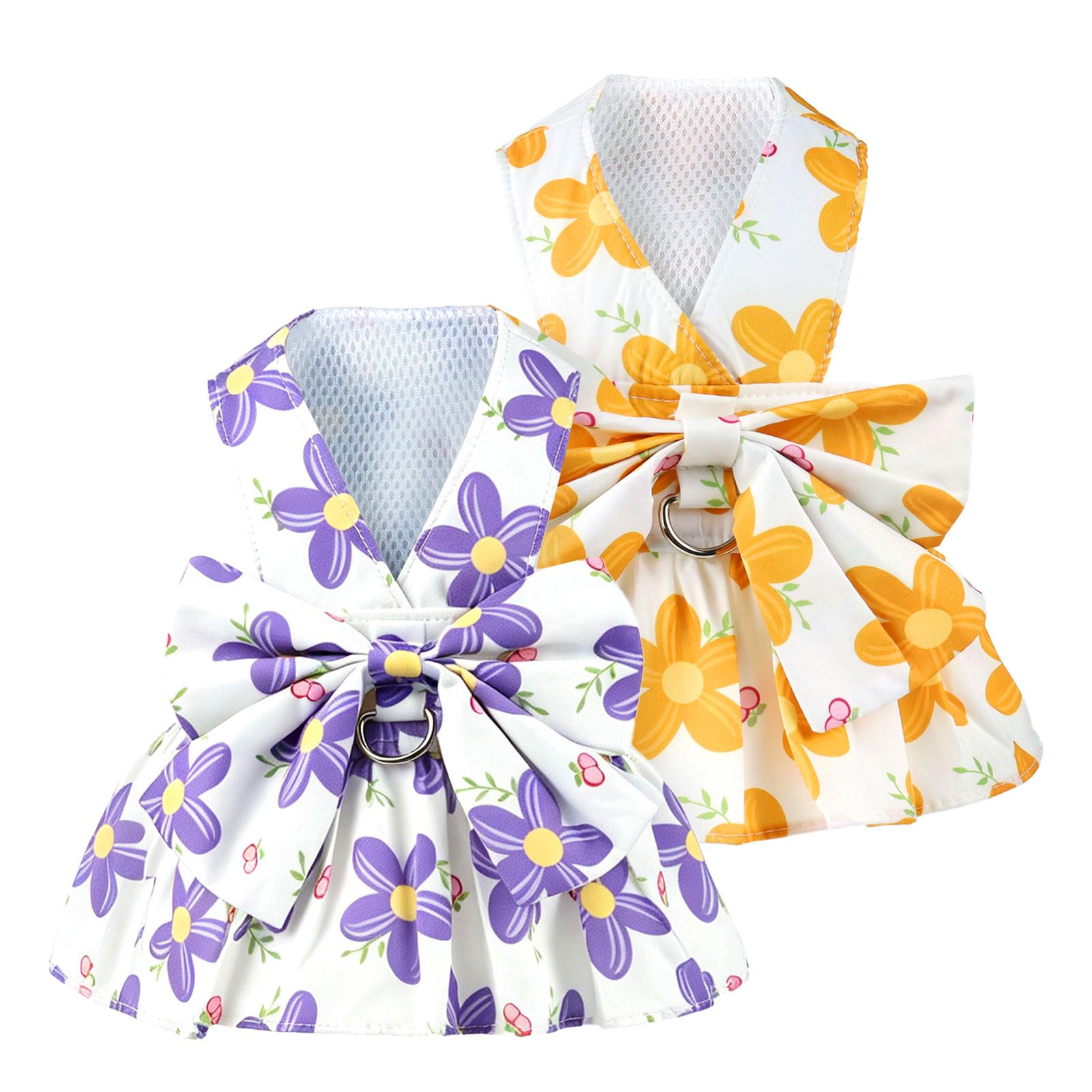 2Pack Small Dog Harness Dress For Girl Puppy Cat Dress With Flower Pattern Bow Adjustable Breathable Lining Back D-Ring Cute Outfits For Small Puppy, Cat Dresses For Cats Only Or Dog Girl Clothes photo 1