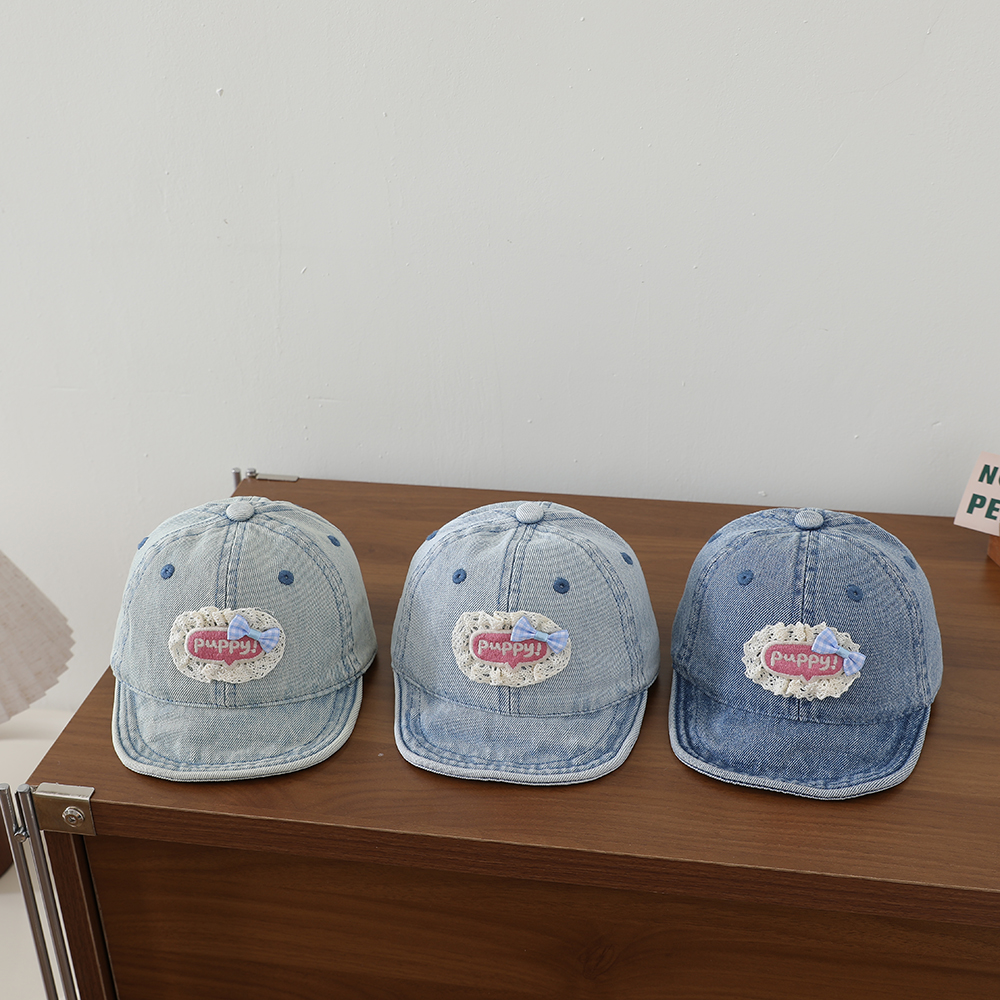 Sweet Style Patchwork Lettered Lace Edging Denim Kids Baseball Cap Washed And Antique Soft Brim Bow Tie Hat photo 4