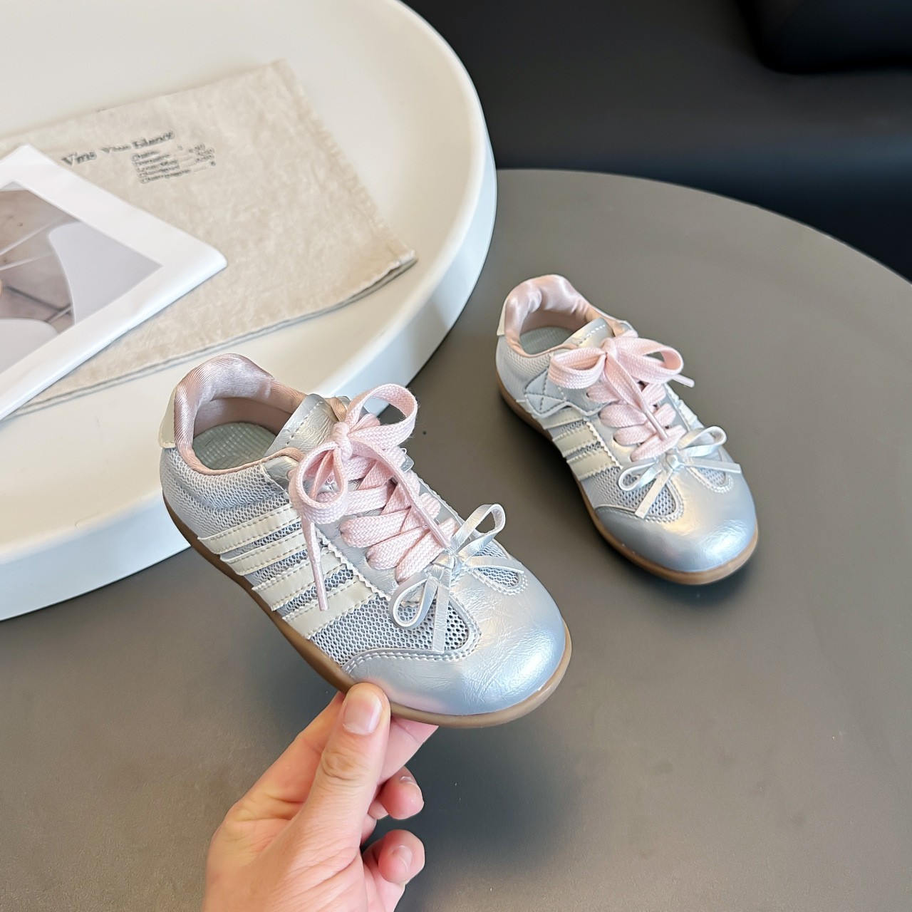 2026 Spring New Girls German Trainers, Korean Style Bow Decor Stylish Genuine Leather Thin Sole Kids Casual Sneakers photo 6