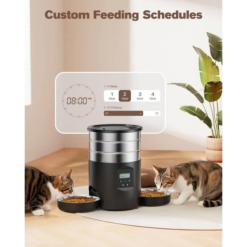 Dual Bowl Automatic Cat Feeder For Two Cats With Stable Anti Slip Design And Programmable Timer Offering One To Ten Portions Per Meal Transparent Locking Lid And Smart Dispenser For Both Dry And Wet F photo 4