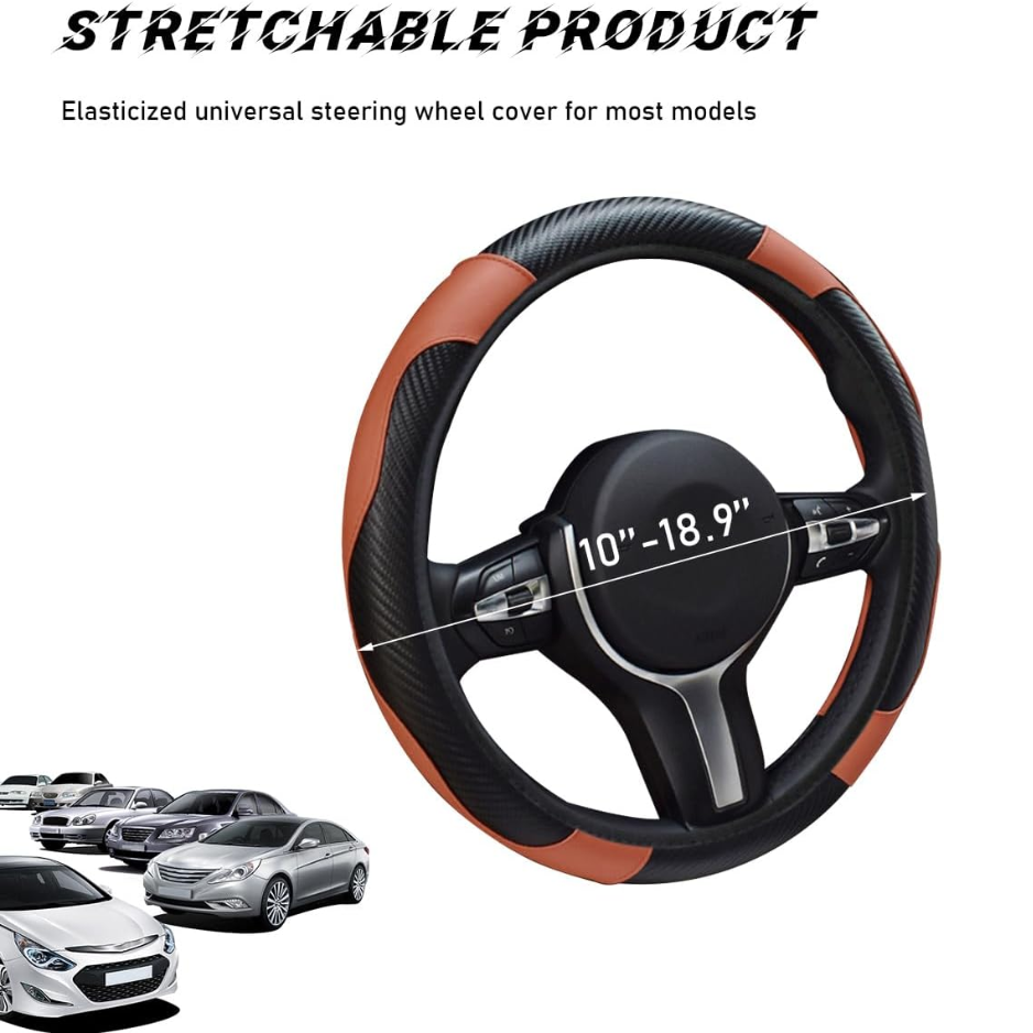 Car Steering Wheel Cover, 15 Inch Leather Breathable Auto Steering Wheel Protector, Comfortable Non-Slip Vehicle Steering Wheel Covers, Universal Car Accessories Coffee, With Lining photo 2