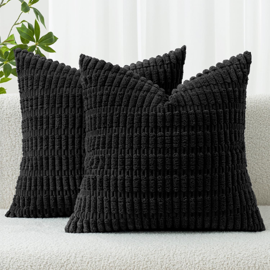 Pack Of 2 Corduroy Decorative Throw Pillow Covers 18x18 Inch Soft Boho Striped Pillow Covers Modern Farmhouse Home Decor For Sofa Living Room Couch Bed Black photo 1