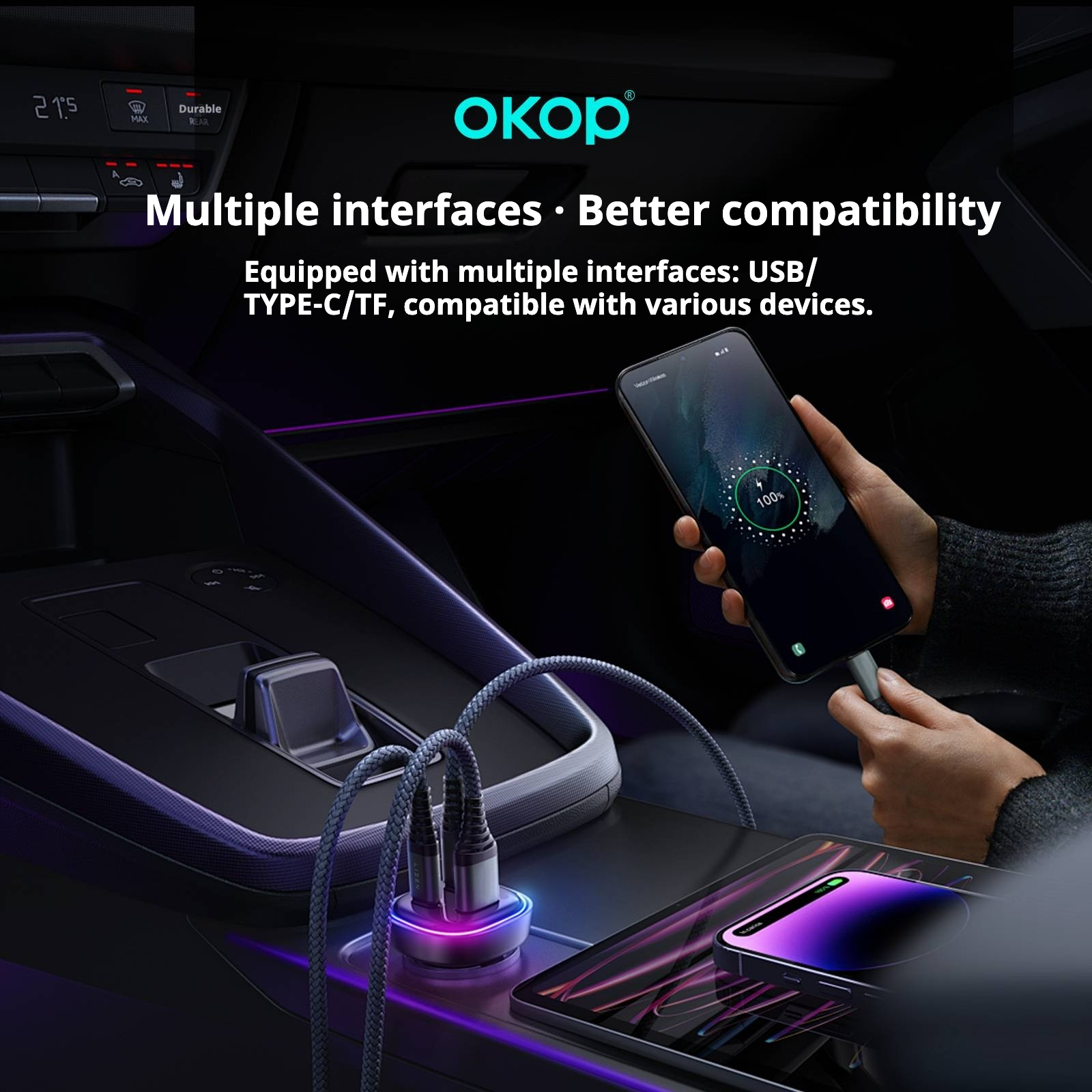 KP-C102 In-stock Multi-port Car Charger USB Type-C With Super-fast Charging And MP3 Player Functionality photo 3