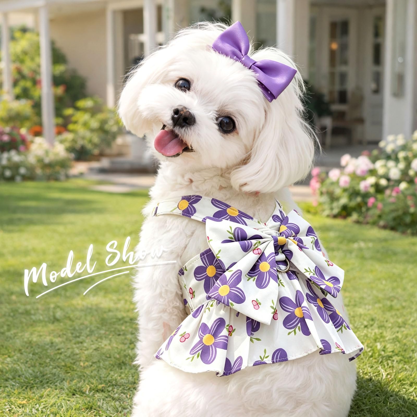 2Pack Small Dog Harness Dress For Girl Puppy Cat Dress With Flower Pattern Bow Adjustable Breathable Lining Back D-Ring Cute Outfits For Small Puppy, Cat Dresses For Cats Only Or Dog Girl Clothes photo 7