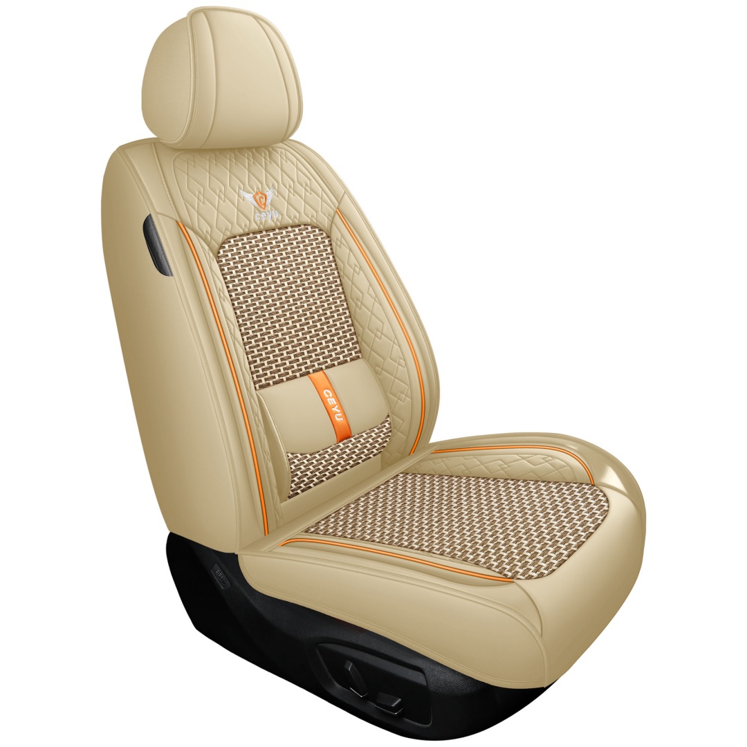 Summer Cool Ice Silk Breathable Car Seat Covers Full 5-Seat Set Ergonomic Lumbar Support Soft Beige Universal Auto Interior Seat Cushion Protectors photo 1