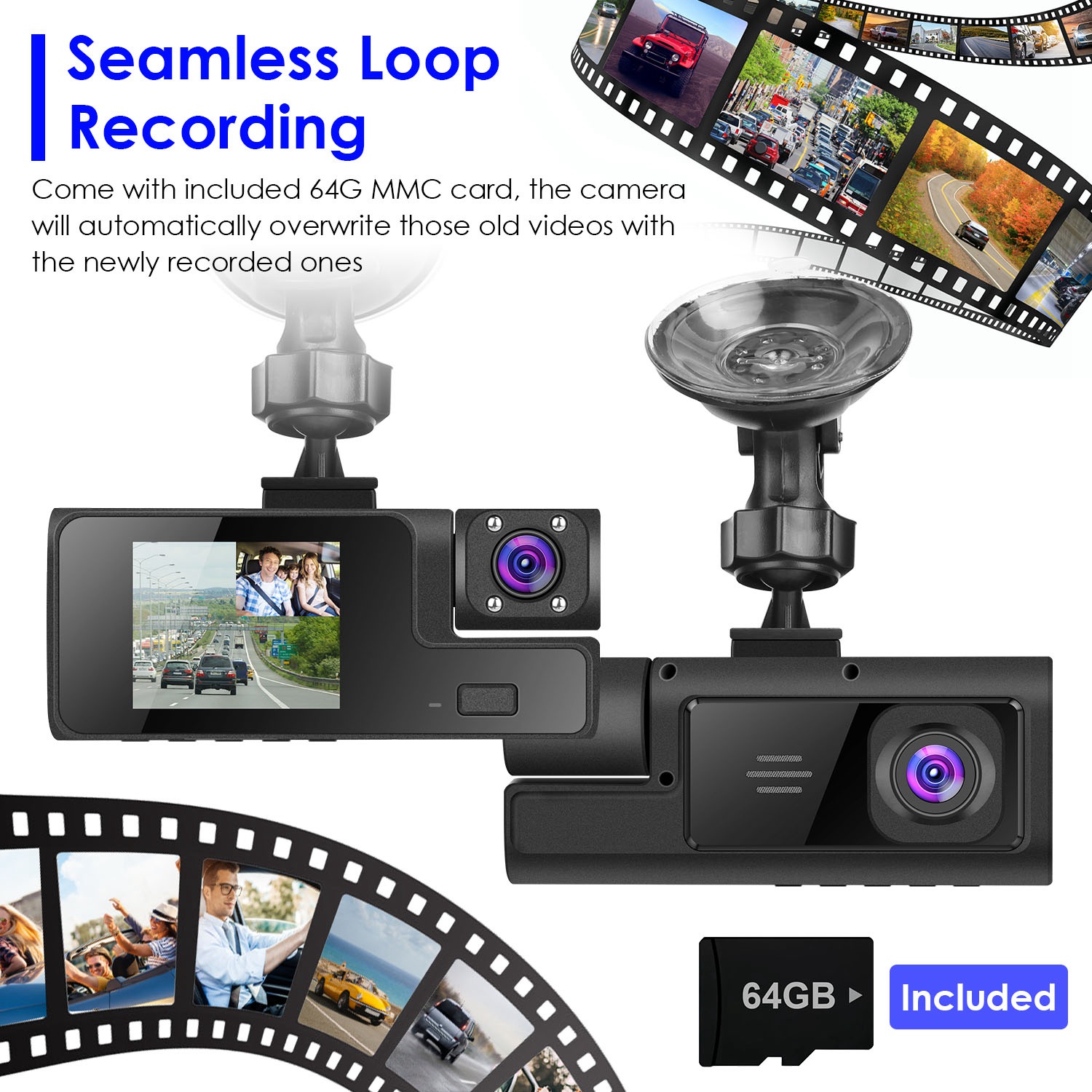 1Pc WiFi FHD 1080P Car Dash Cam 3 Channels Front Rear Inside Dash Camera With Loop Recording Reversing Visual 170 Degree Wide Angle 64G Card Included photo 5