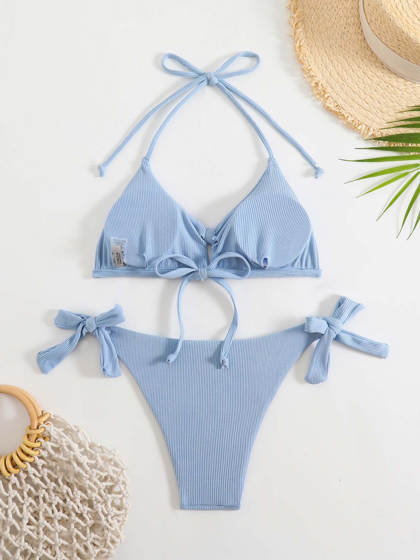 2026 New Solid Color Sexy Circular Cutout Split Set Swimsuit Straps Over-the-Shoulder Halter Two-Piece Bikini Set photo 7