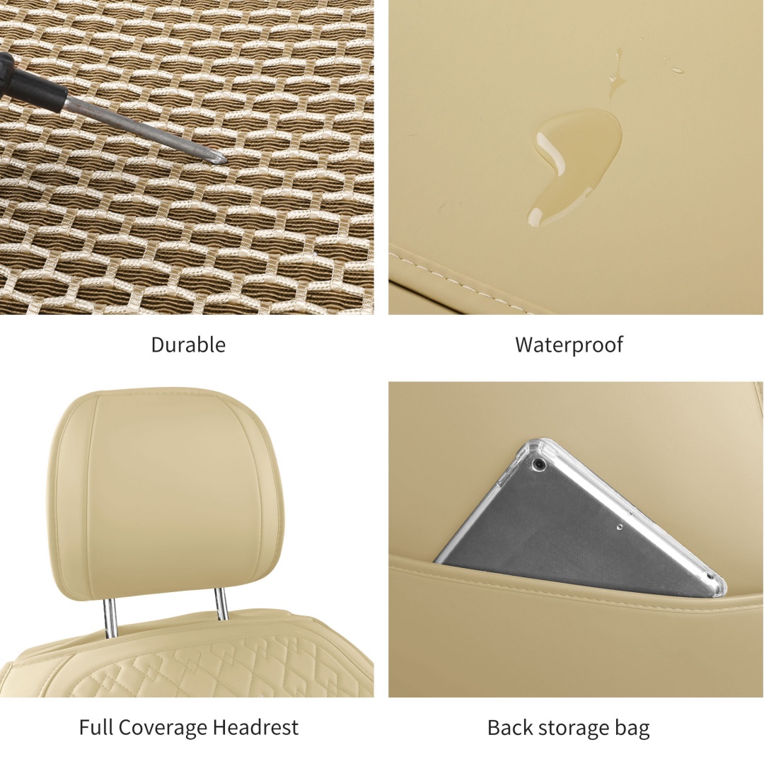Summer Cool Ice Silk Breathable Car Seat Covers Full 5-Seat Set Ergonomic Lumbar Support Soft Beige Universal Auto Interior Seat Cushion Protectors photo 8