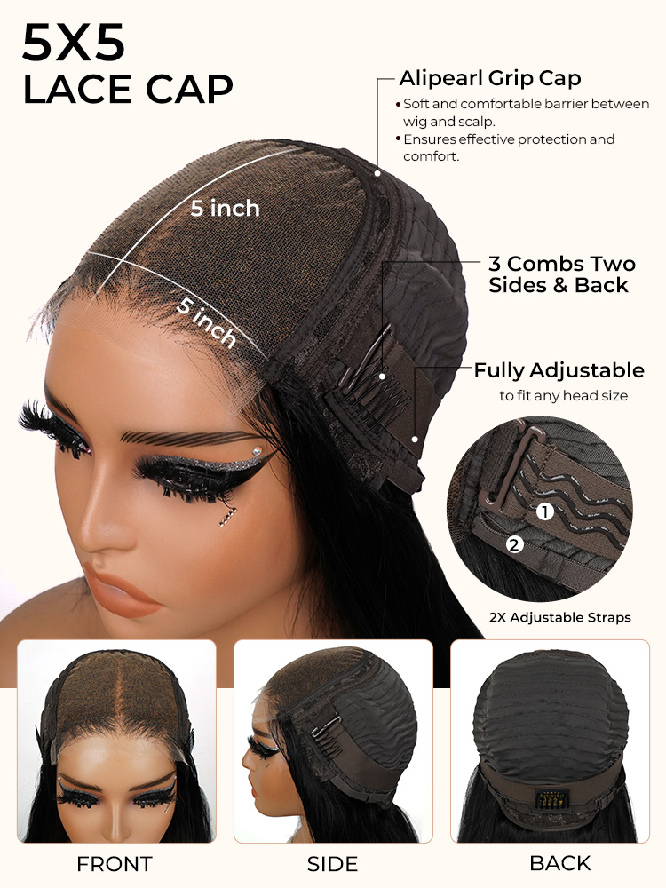 5x5 Lace Human Hair Wig Pre-cut Lace Reddish-Brown Body Wave, Density photo 2