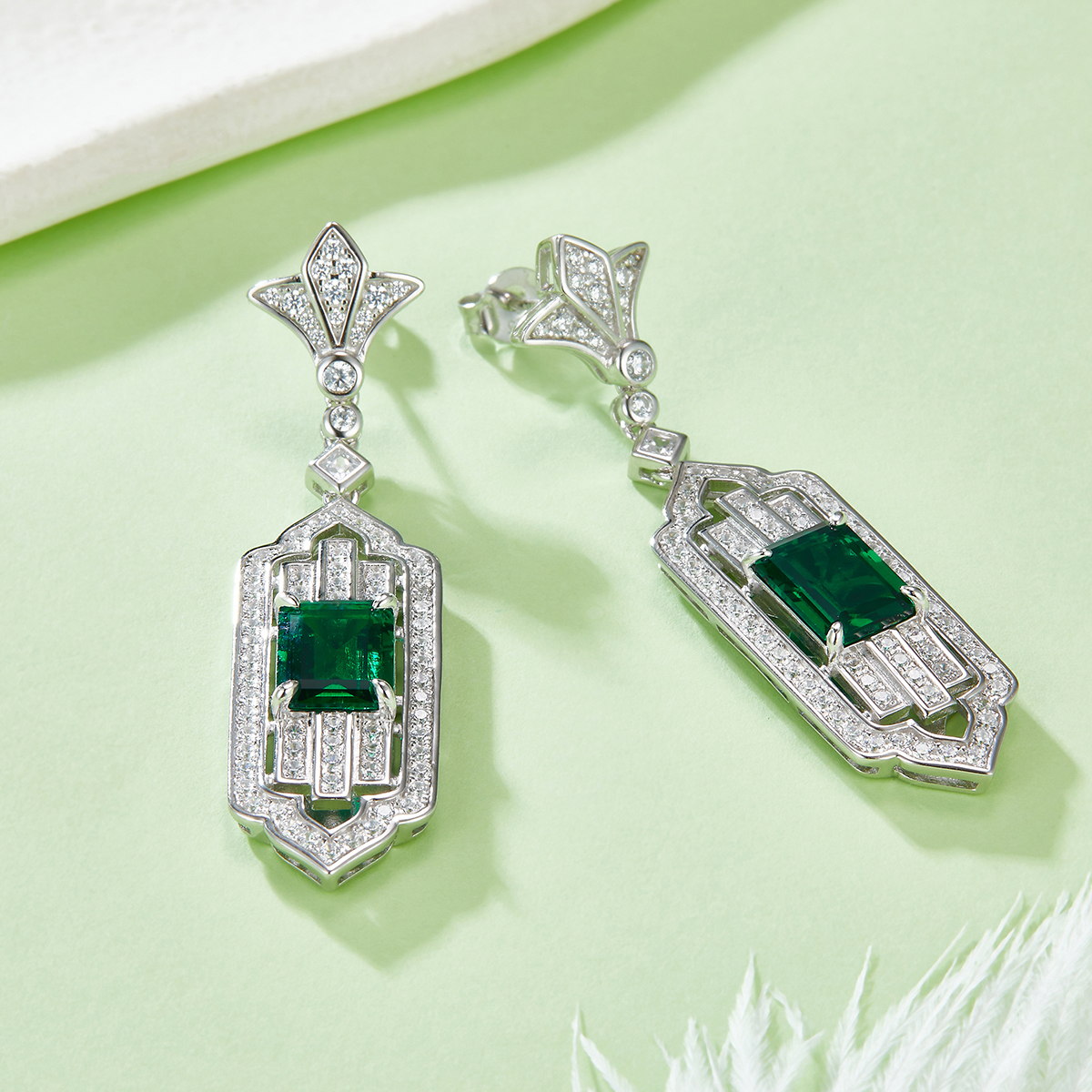 S925 Silver 11.3g Art Deco Lab-Created Emerald Drop Earrings, 3.65ct 9x7mm, Pair photo 2