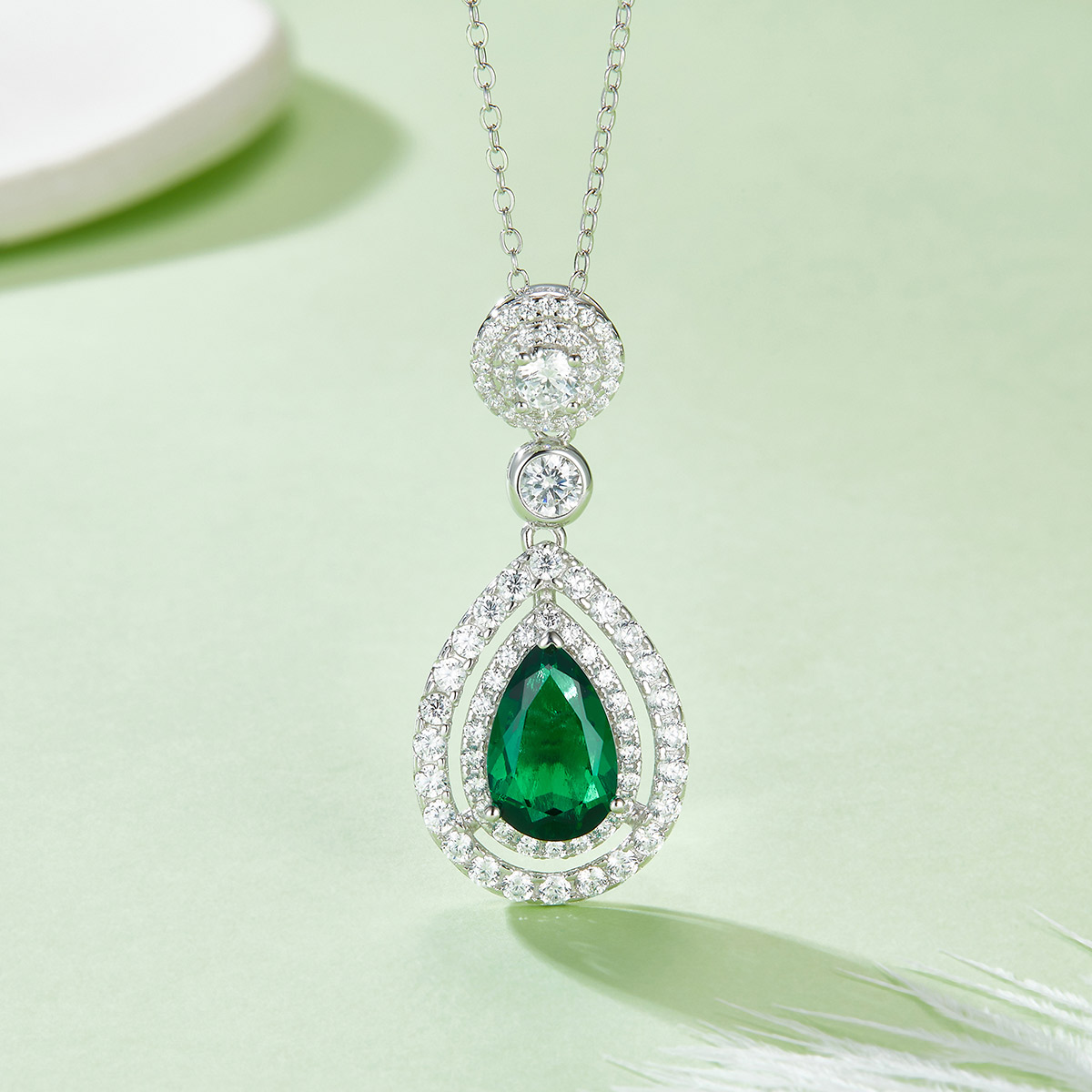 S925 Silver 4.6g Platinum Plated 3.5ct Lab-Created Emerald Necklace, 11x7mm Teardrop Halo Pendant, 40&5cm photo 2