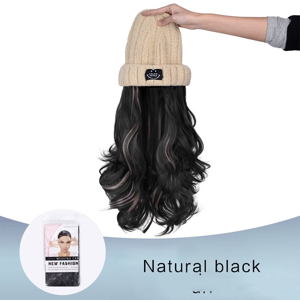 Autumn And Winter Fashion Beige Knit  Pick Dye Gradient Long Curly Hair Hundred Take Wig Hat photo 5