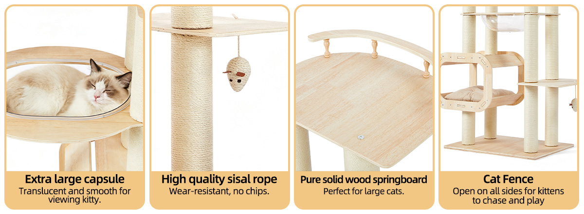 Heavy-Duty No-Drill Large Cat Tree-Solid Wood, 5-Story Multi-Column Cat Tower, 80.4in For Large Spaces & Multi-Cat Households, Open Condo, Space Capsule, Bed, Durable Indoor Pet Furniture photo 5