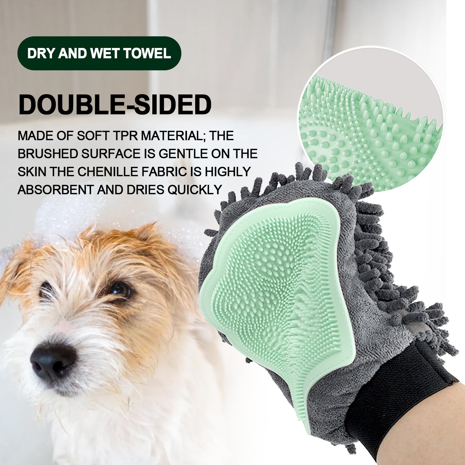 Green Double-Sided Dog Bath Glove Dog Washing Glove For Dogs&Cats Massage Dog Brush Glove,Chenille Absorbent Pet Towel Mitt,Pet Grooming Glove For Hair Removal Glove,Pet Bathing Glove photo 7