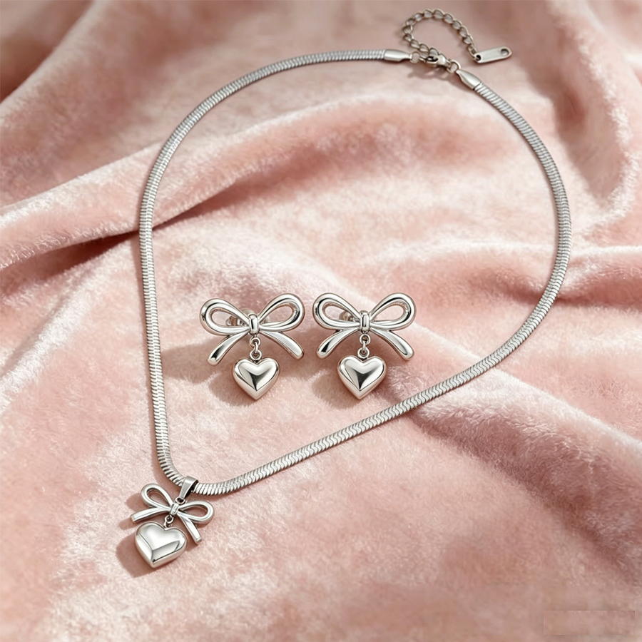 Women Bowknot 3D Puffy Heart Jewelry Set Snake Chain Necklace & Stud Earrings 2Pcs Gold Silver Tone Stainless Steel Romantic Valentine Gift Jewelry photo 5