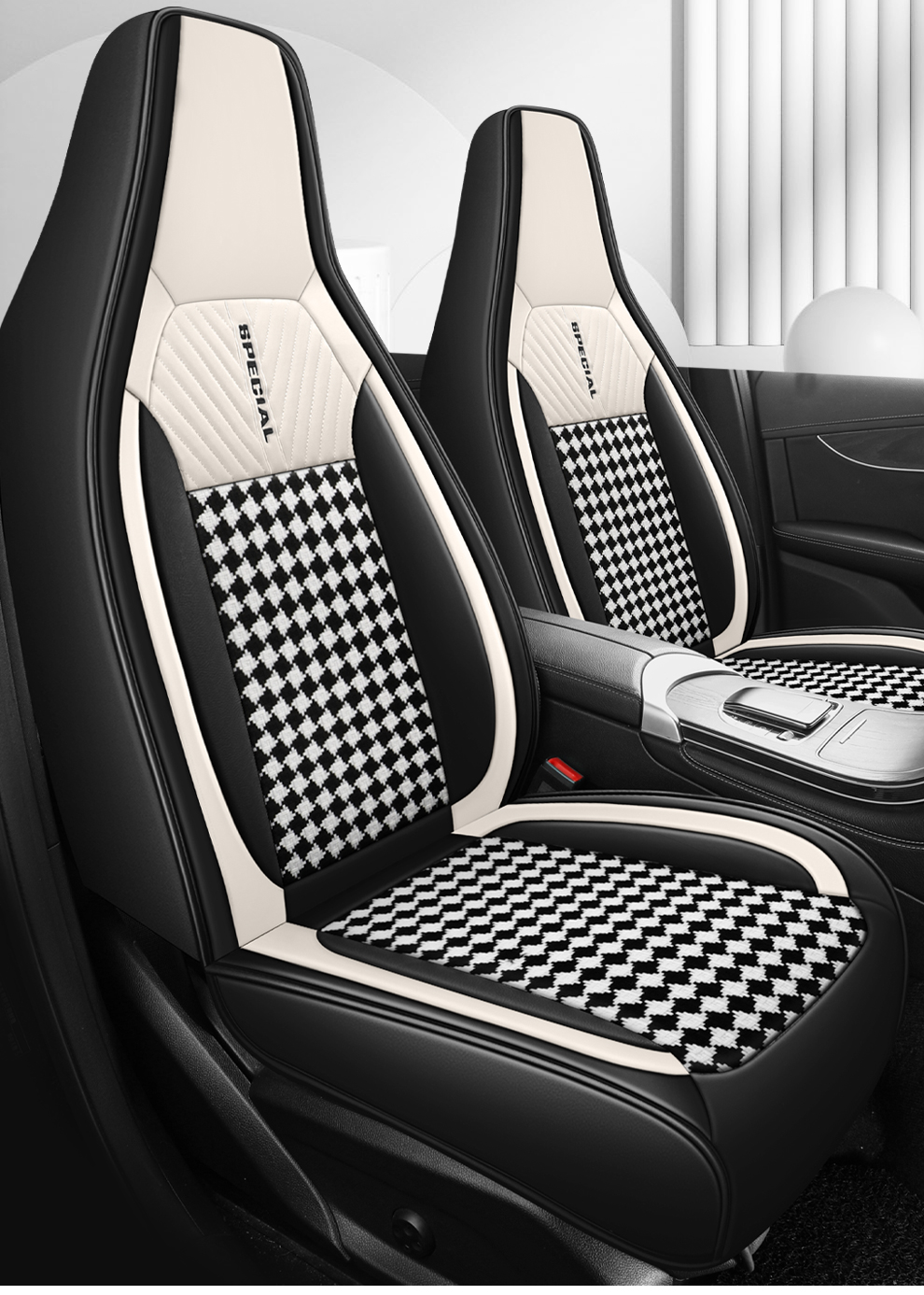 Light Luxury Nordic Style Classic Black White Checkered Plaid Car Seat Covers Full 5-Seat Set Breathable Soft Universal Auto Seat Cushion Protector For Vehicles photo 5