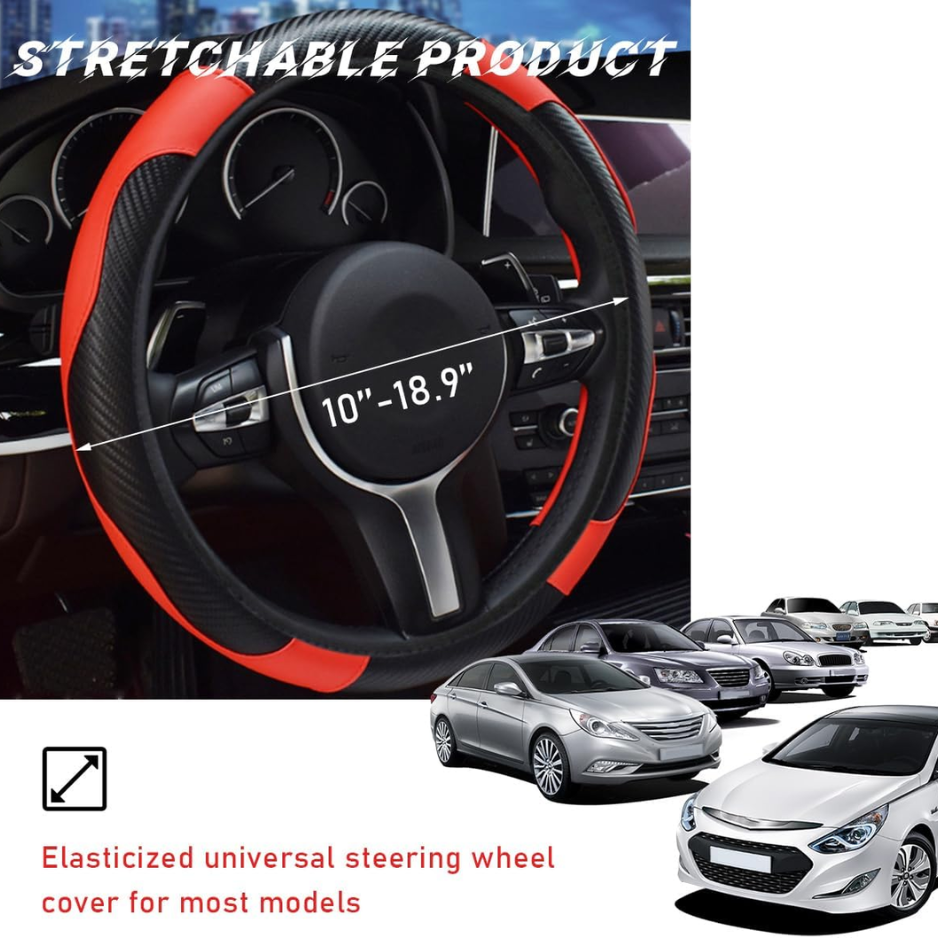 Car Steering Wheel Cover, 15 Inch Leather Breathable Auto Steering Wheel Protector, Comfortable Non-Slip Vehicle Steering Wheel Covers, Universal Interior Car Accessories Black & Red photo 5