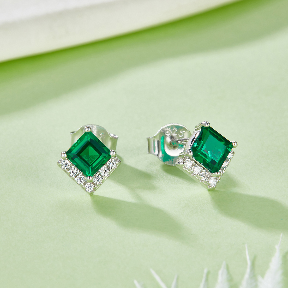 S925 Silver Platinum Plated Lab-Created Emerald Earrings, 0.3&2.5ct Princess Cut Studs, Pair photo 2
