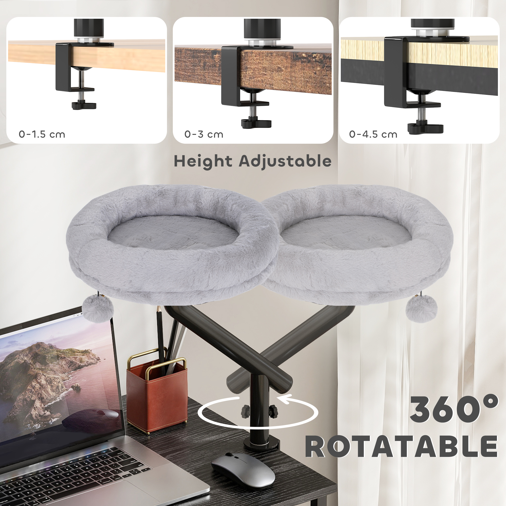 Cat Desk Bed, Cat Hammock 360degrees Rotatable Adjustable For Window, Table, Work, Grey photo 4