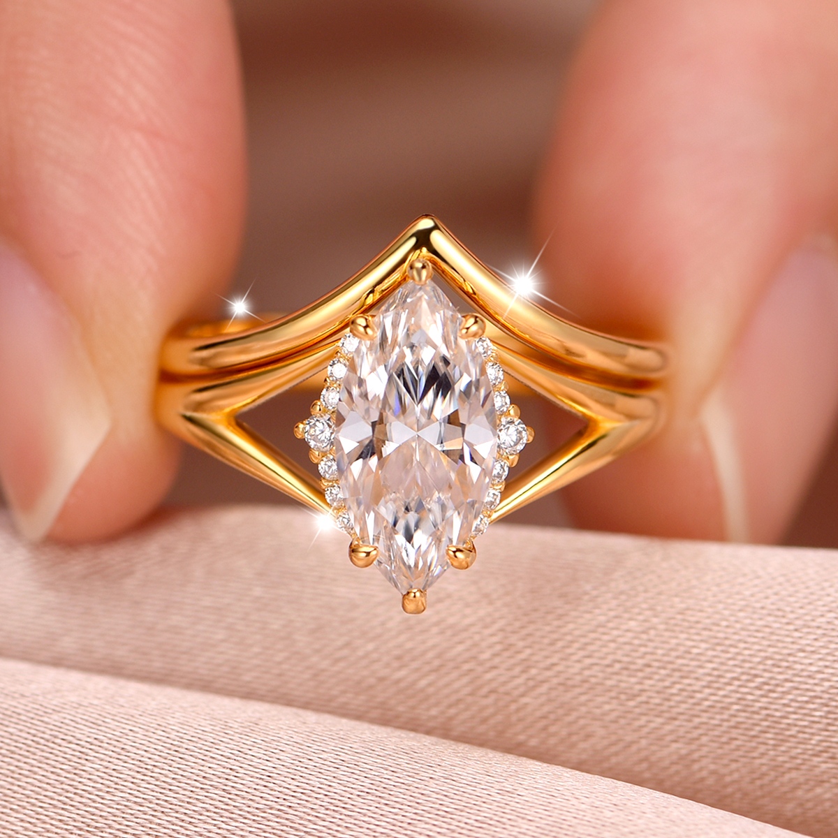 S925 Silver 3.9g Marquise Moissanite Ring Set, 6x12mm D VVS1 V-Shape Curved Band, GRA Certified US 6-9 Gift Box photo 5