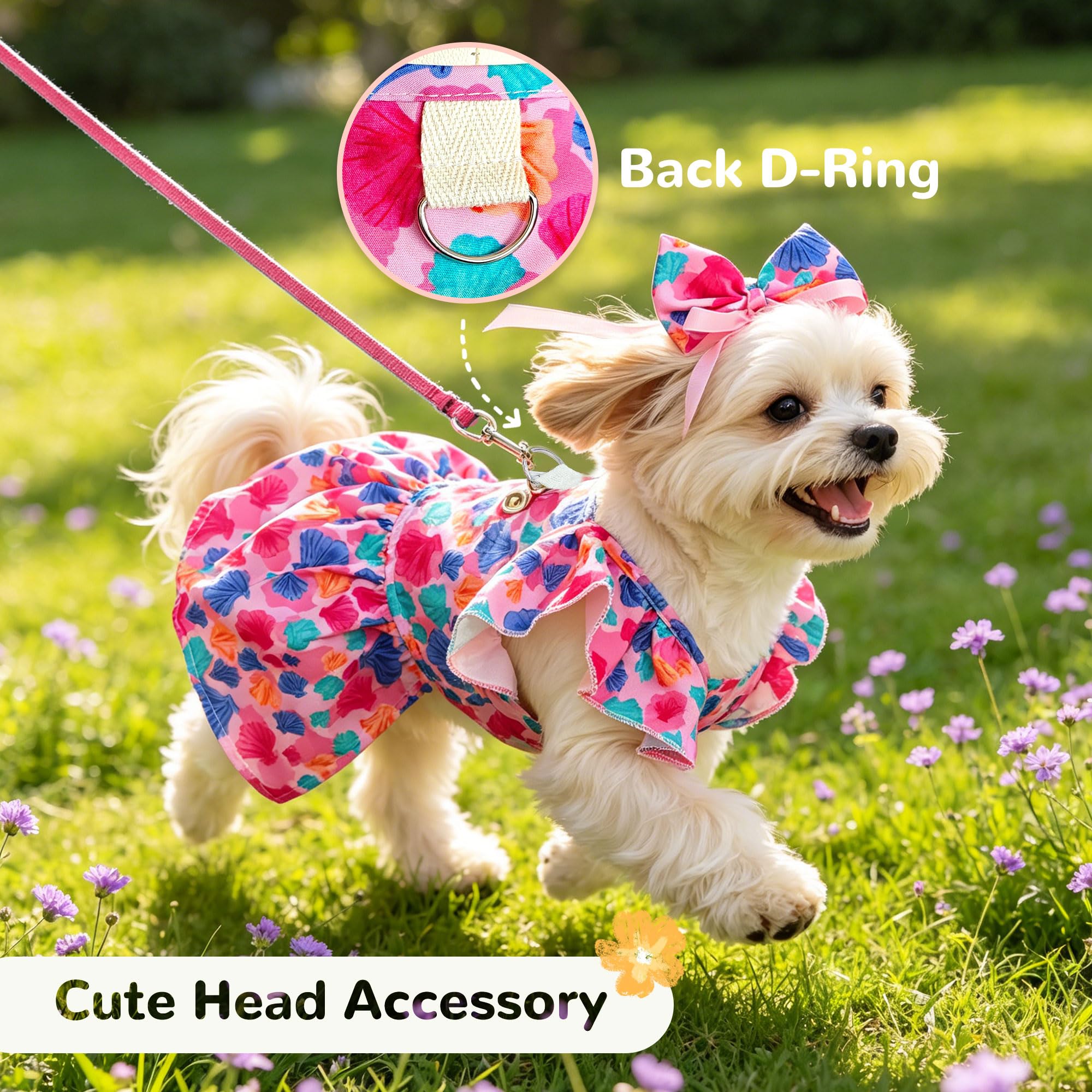 Cute Floral Small Dog Cat Harness Dress Outfits With Bow & Leash D-Ring,Soft Breathable Summer Ruffle Puppy Clothes Girl,3-Way Styling Female Dog Clothes For Chihuahua Yorkie Maltese photo 6