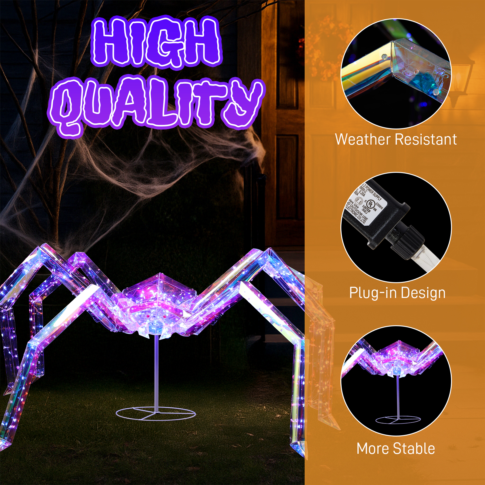 Replace 43966577 3FT Halloween Decorations Light Up Spider,Outdoor Halloween Decor Lighted Iridescent Spider,Weather Proof Pre-lit Spider With 340 LED Lights,for Front Yard Porch Gardens Lawns Party photo 3