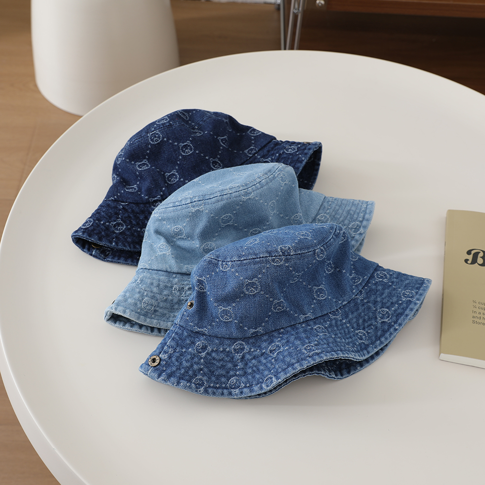Washed Denim Jacquard Little Bear Fisherman Hat With Wide Brim And Rolled Edge Bucket Hat For Big Children's Outdoor Play And Leisure photo 3