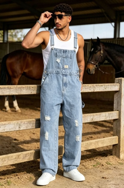 Light Wash Mens Denim Overalls Distressed Baggy Loose Fit Bib Dungarees Vintage Streetwear US Ready Stock photo 1