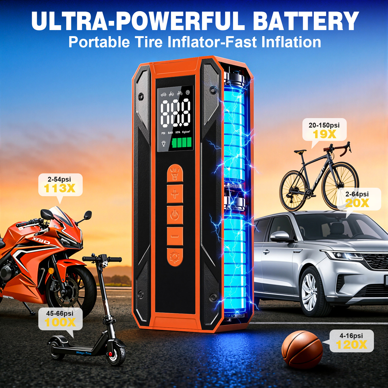 Air Pump Car Jumper Starter Portable Battery Pack With 150PSI Tire Inflator, 12V Jumper Box For Car Charger Battery Booster With LCD Display, 3-Mode Emergency Flashlight photo 6