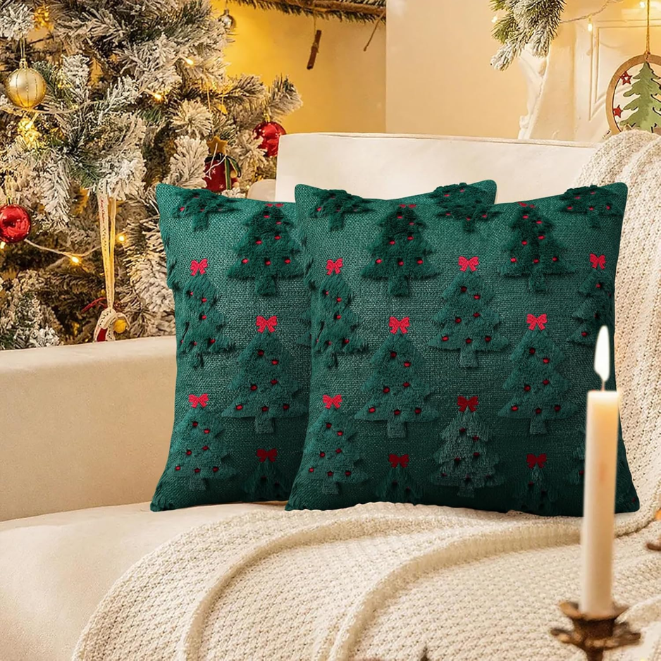 2Pcs Christmas Pillow Covers 18x18, 3D Jacquard Faux Fur Decor photo 2