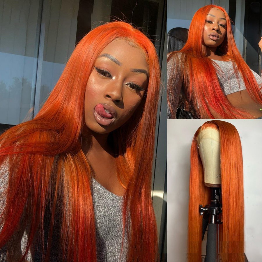 Split Orange Long Straight Chemical Fiber Lace Free Wig photo 1