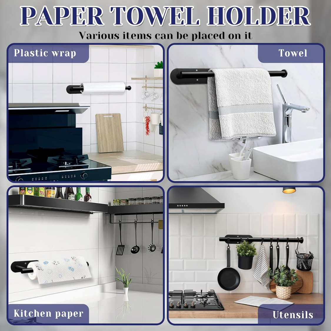 Black Self-Adhesive Under Cabinet Paper Towel Holder Wall Mounted Roll Organizer For Kitchen Bathroom Counter Storage photo 2