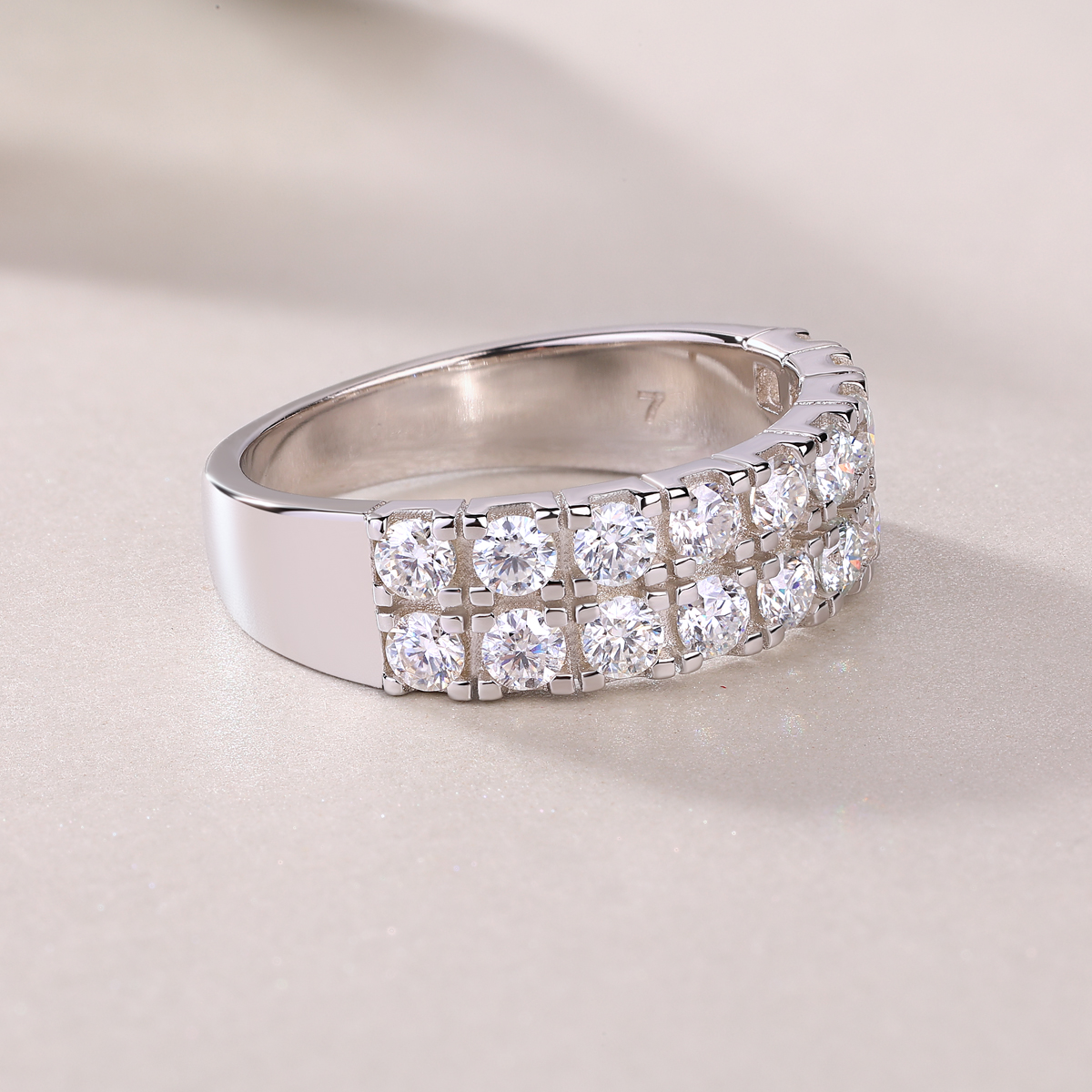 S925 Silver 4.1g Platinum Plated Moissanite Ring, 6.5mm Double Row Pave 18 Stones D VVS1, GRA Certified US 5-9 photo 3