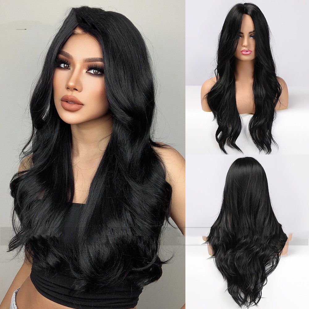 Black Medium Parted Long Curly Hair With Big Waves photo 2