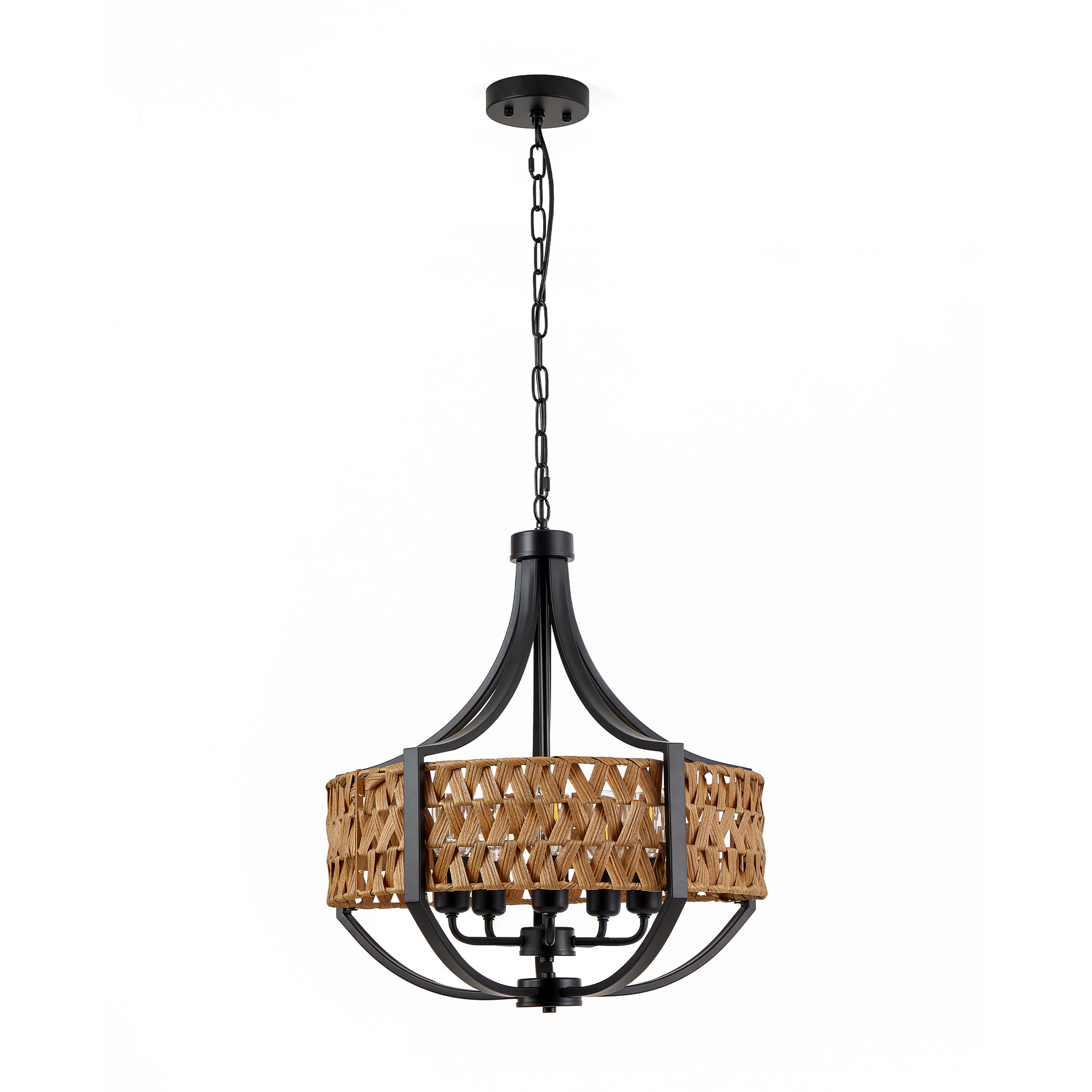 19.7" Rattan Chandelier, 5-Light Boho Chandelier with Natural Woven Reed Shade, Black Farmhouse Hanging Ceiling Light Pendant Light for Dining Room, Living Room, Foyer, Bedroom Hallway photo 2