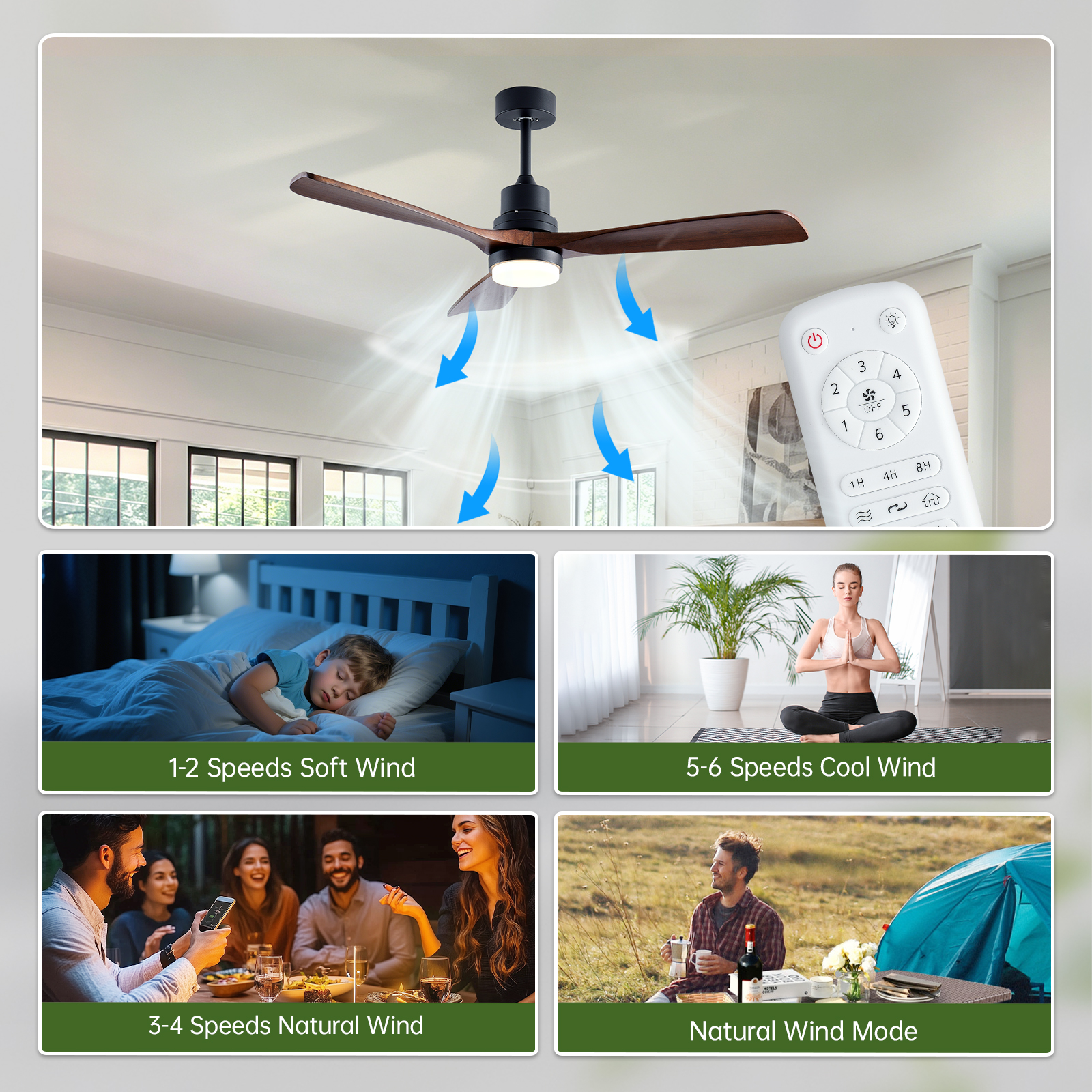 52" Wooden Ceiling Fans with Lighted Remote Control, Indoor Outdoor Wooden Ceiling Fan, Outdoor Modern Ceiling Fan with 3 Fan Blades for Patio, Living Room, Farmhouse, etc (Black + Walnut) photo 4