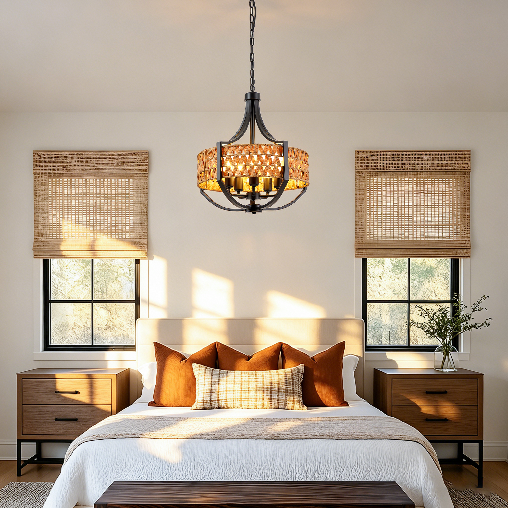 19.7" Rattan Chandelier, 5-Light Boho Chandelier with Natural Woven Reed Shade, Black Farmhouse Hanging Ceiling Light Pendant Light for Dining Room, Living Room, Foyer, Bedroom Hallway photo 4