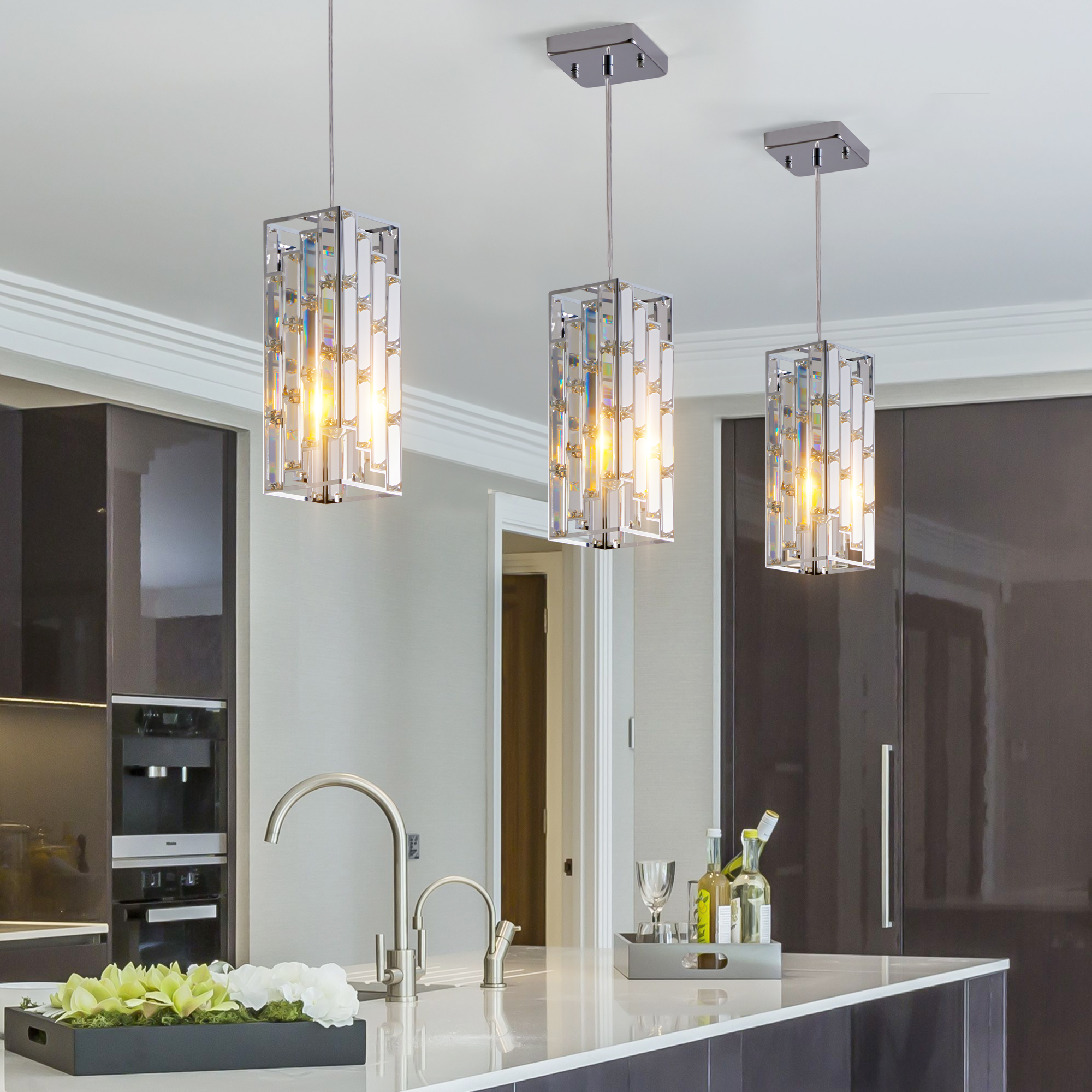 4" Modern Crystal Pendant Light - 3 Pack, Adjustable Hanging Ceiling Lamp with Crystal Prism Design for Dining Room, Kitchen Island, and Living Room -Chrome Finish photo 7
