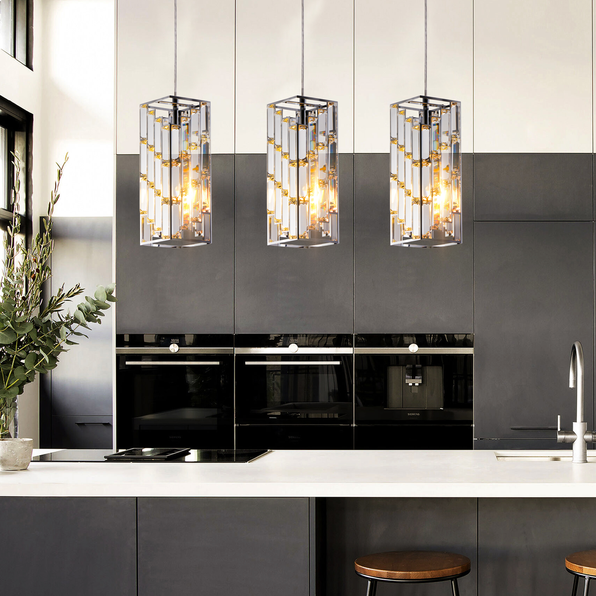 4" Modern Crystal Pendant Light - 3 Pack, Adjustable Hanging Ceiling Lamp with Crystal Prism Design for Dining Room, Kitchen Island, and Living Room -Chrome Finish photo 1