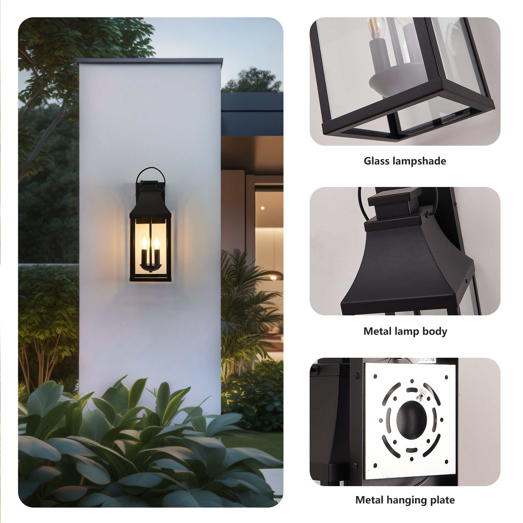 20'' Dusk to Dawn Outdoor Wall Light, Large Black Outdoor Porch Light Waterproof Patio Lanterns, Exterior Wall Mount Lighting Fixtures, 2-Light Outside Garage Sconces for House Front, 1-Pack photo 7