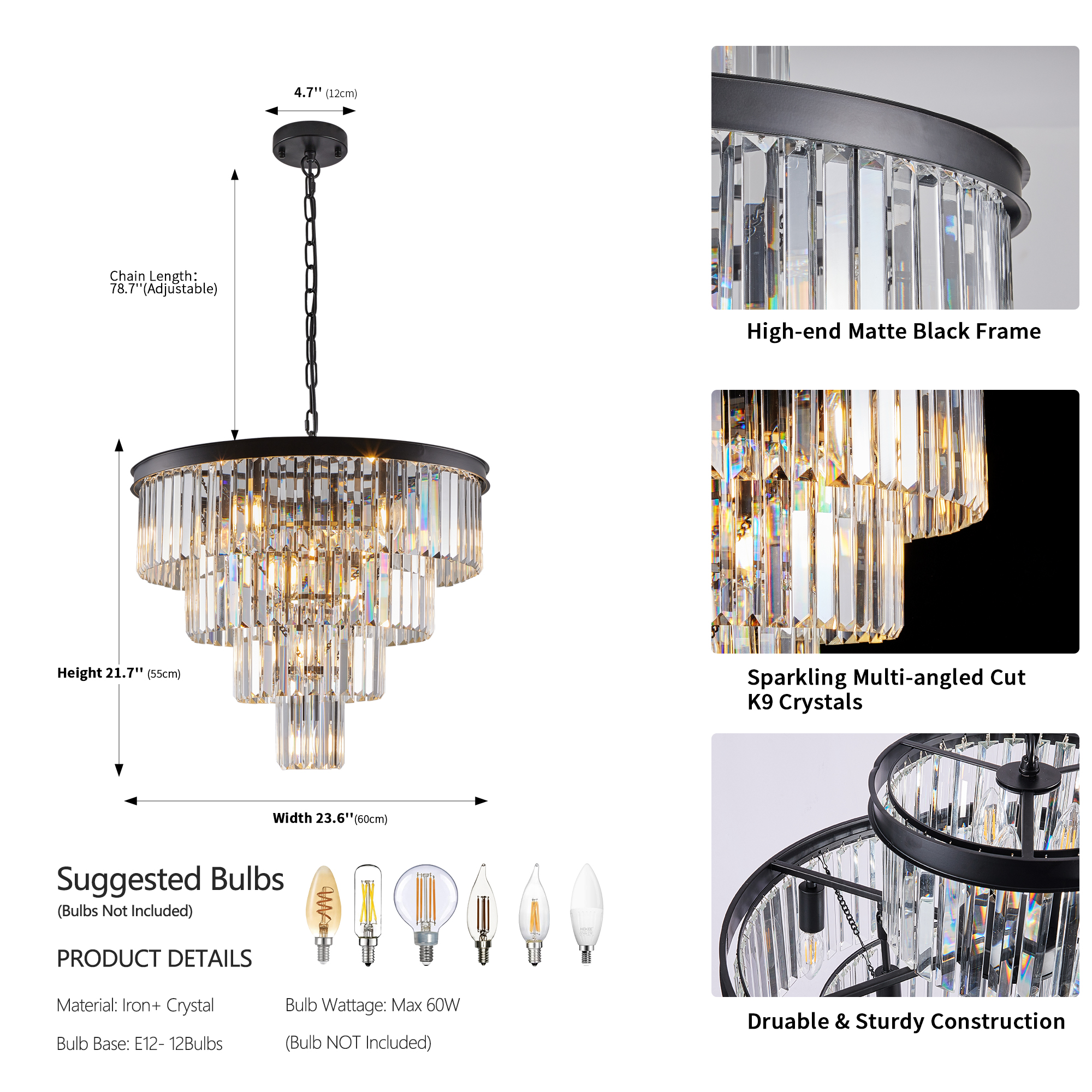 (Same as W1340P188542/L5007-600-B) 24" Contemporary Crystal Modern Chandeliers Crystal Ceiling Chandelier 4 Tier Black Chandelier Lighting for Dining Room Living Room Bedroom (Bulbs Not included) photo 6