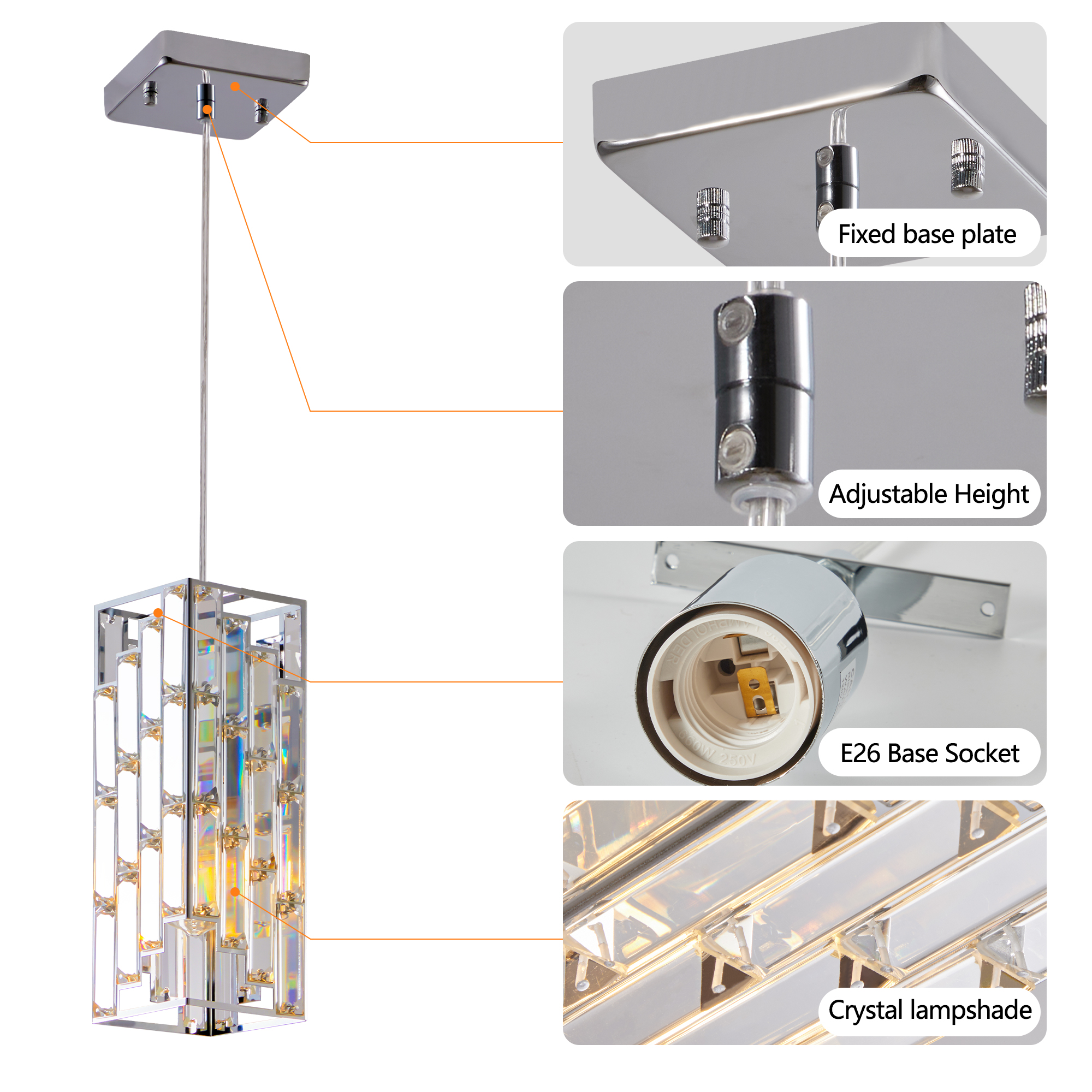 4" Modern Crystal Pendant Light - 3 Pack, Adjustable Hanging Ceiling Lamp with Crystal Prism Design for Dining Room, Kitchen Island, and Living Room -Chrome Finish photo 5