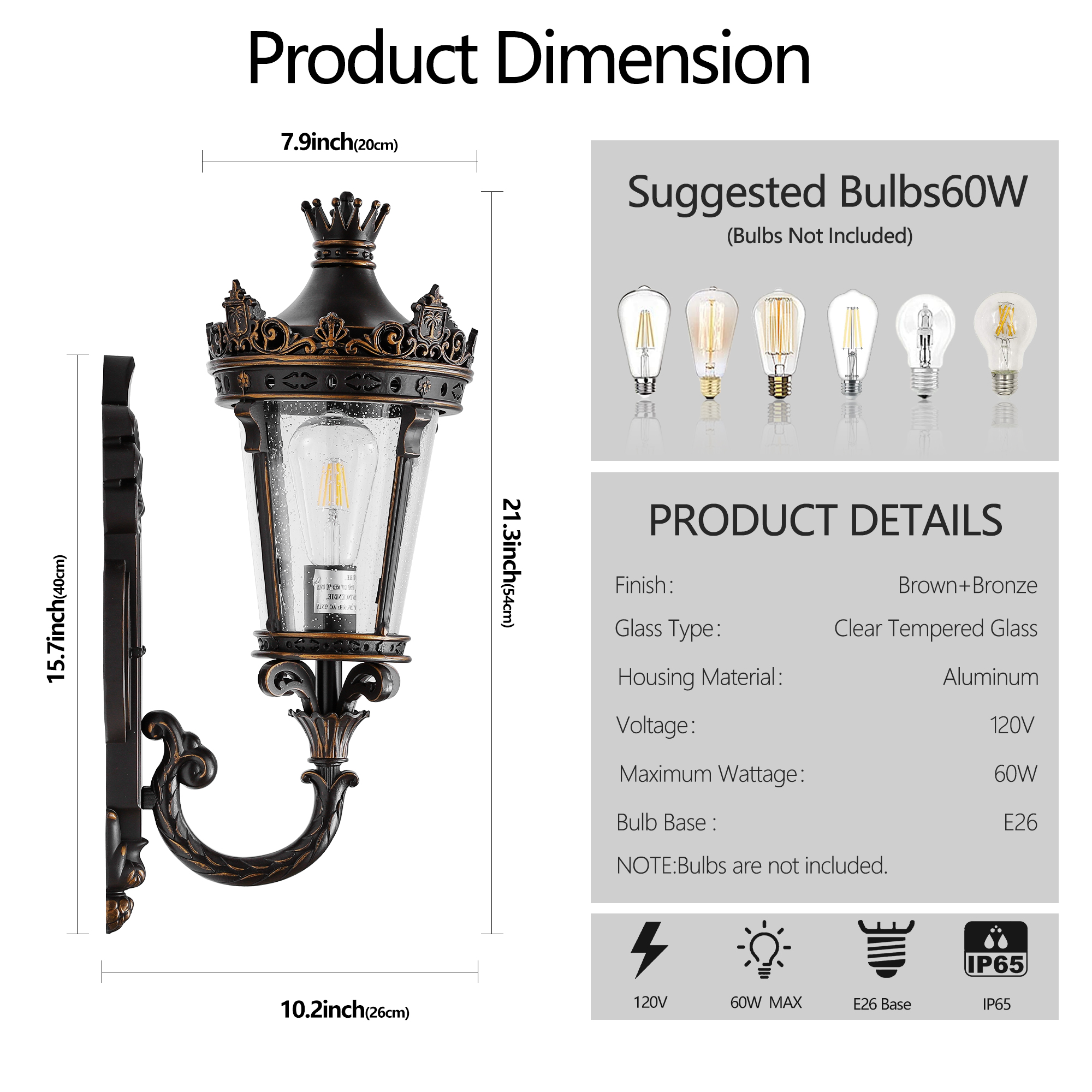 21"(H) Vintage Outdoor Wall Lantern, Waterproof Exterior Wall Sconce with Crown Top and Clear Glass, Decorative Outdoor Lighting Fixture for Patio, Garden, or Entryway (One piece&No bulb) photo 5