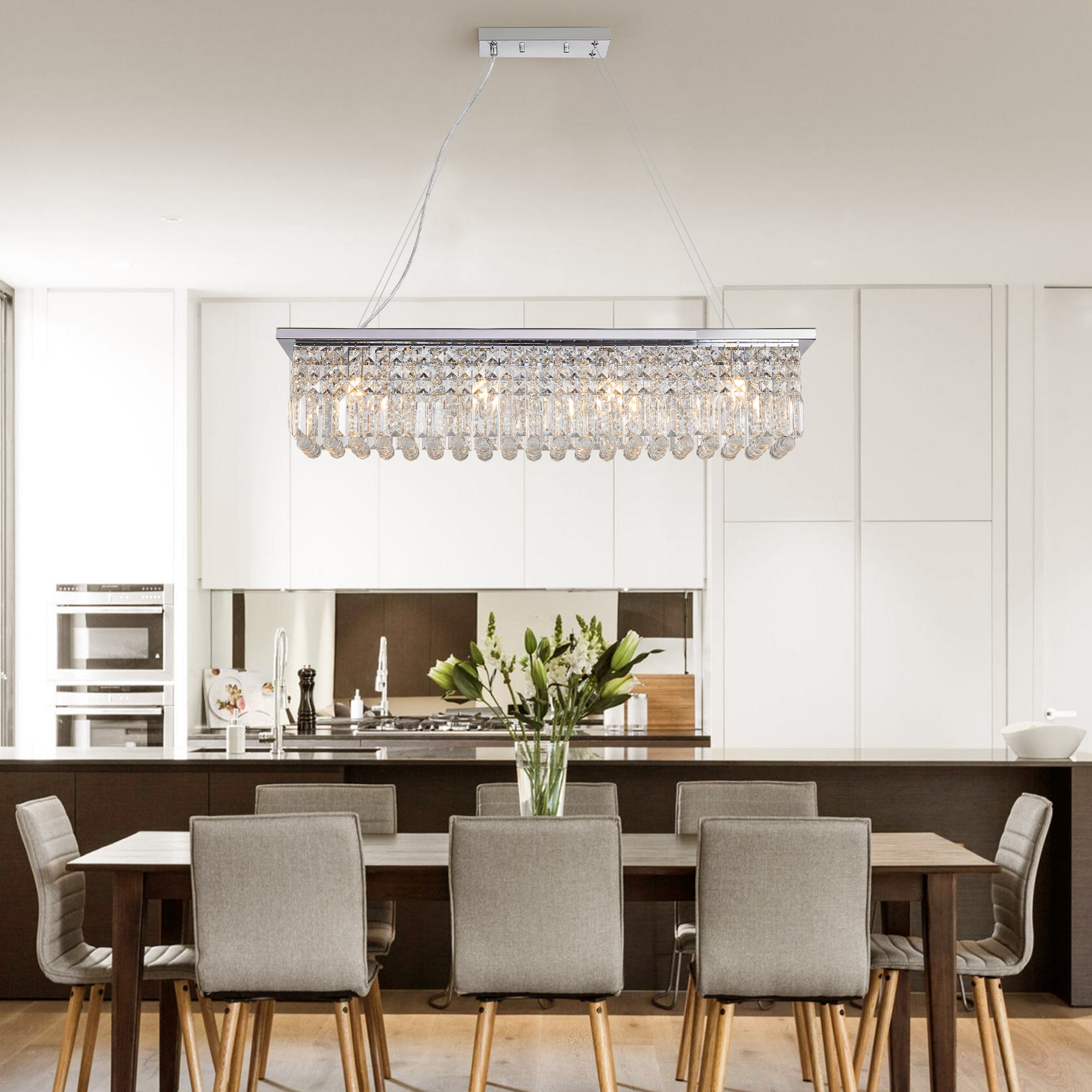 Modern Crystal Chandelier for Dining Room 8-Light White Rectangle Raindrop Chandelier Contemporary Rectangular Pendant Light Fixture for Kitchen Island Bar L39.4'' x W9.8'' x H8.7'(Bulb Not Included) photo 1