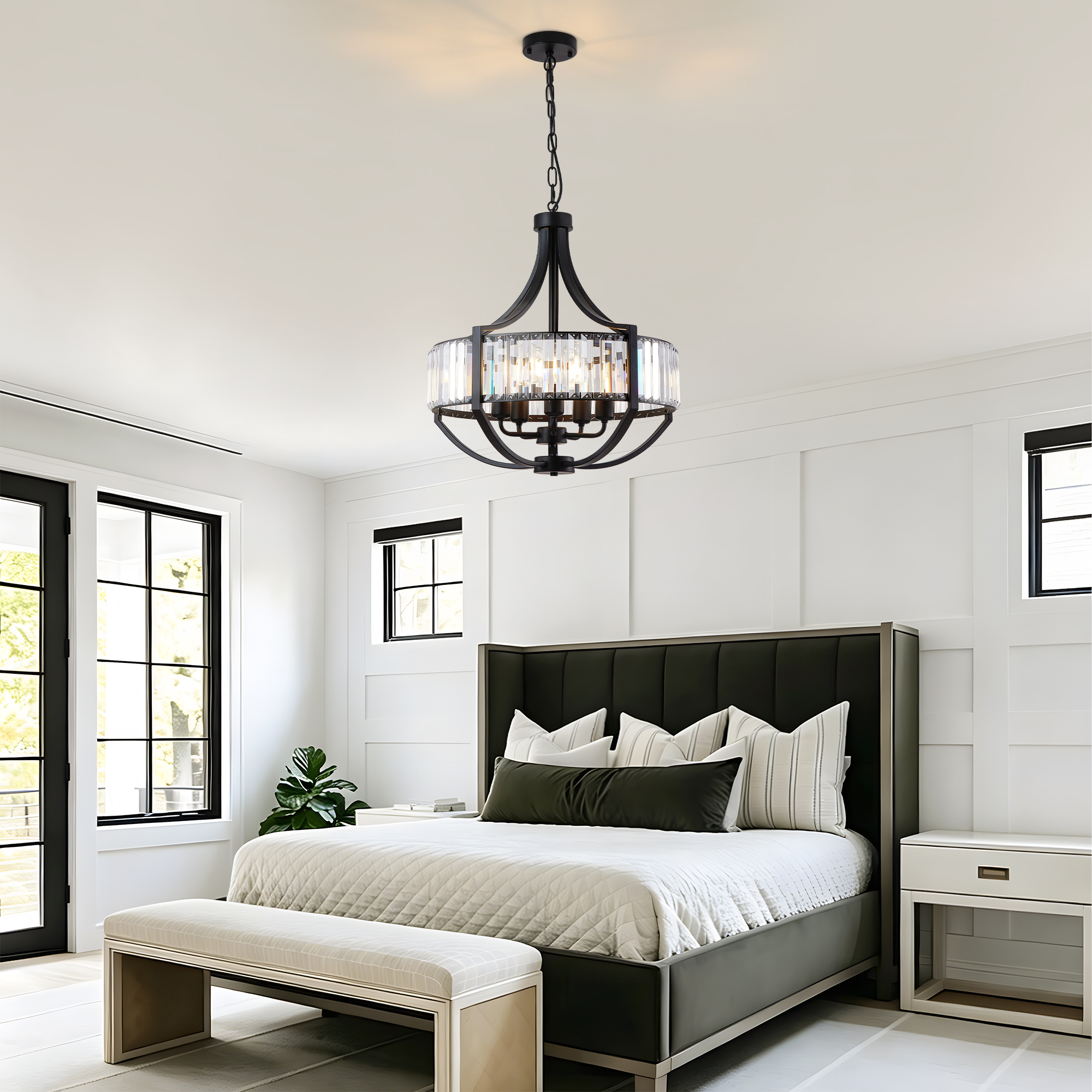 20" Modern Farmhouse Crystal Chandeliers for Dining Room, 5-Light Black Antique Pendant Chandelier, Contemporary Hanging Light Fixture for Living Room Bedroom Foyer Kitchen Island Entryway photo 3