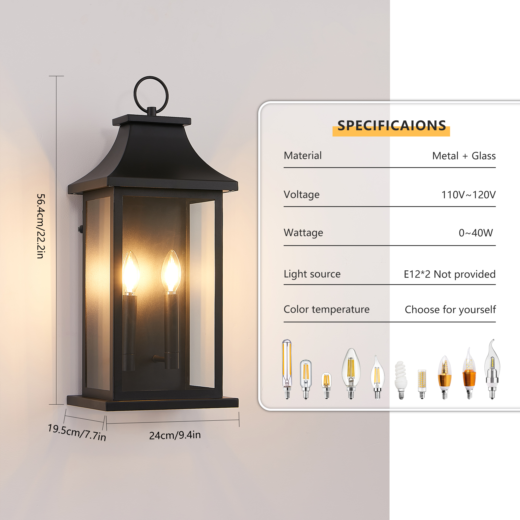 Dusk to Dawn Outdoor Wall Lantern 2-Light, 22.2" Large Outside Wall Sconce, Modern Black Wall Light Fixture with Glass, Waterproof Exterior Lamp for House, Porch, Garage photo 4