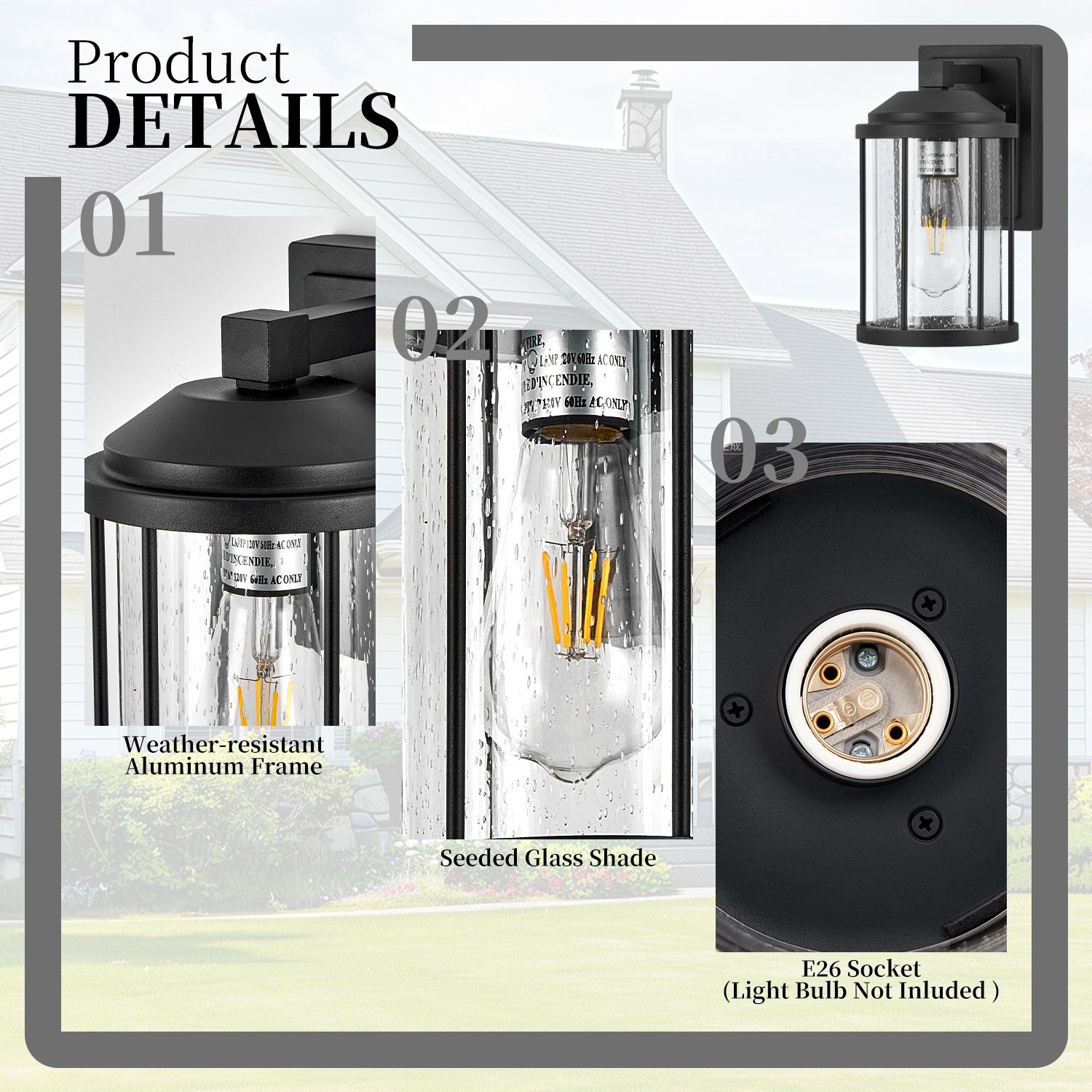 Outdoor Wall Sconces 2 Pack, Exterior Light Lantern Fixtures, Porch Light Lamps Outdoor Wall Mounted in Black Finish with Seeded Glass for House, Garage, Patio, Yard, Garden photo 6