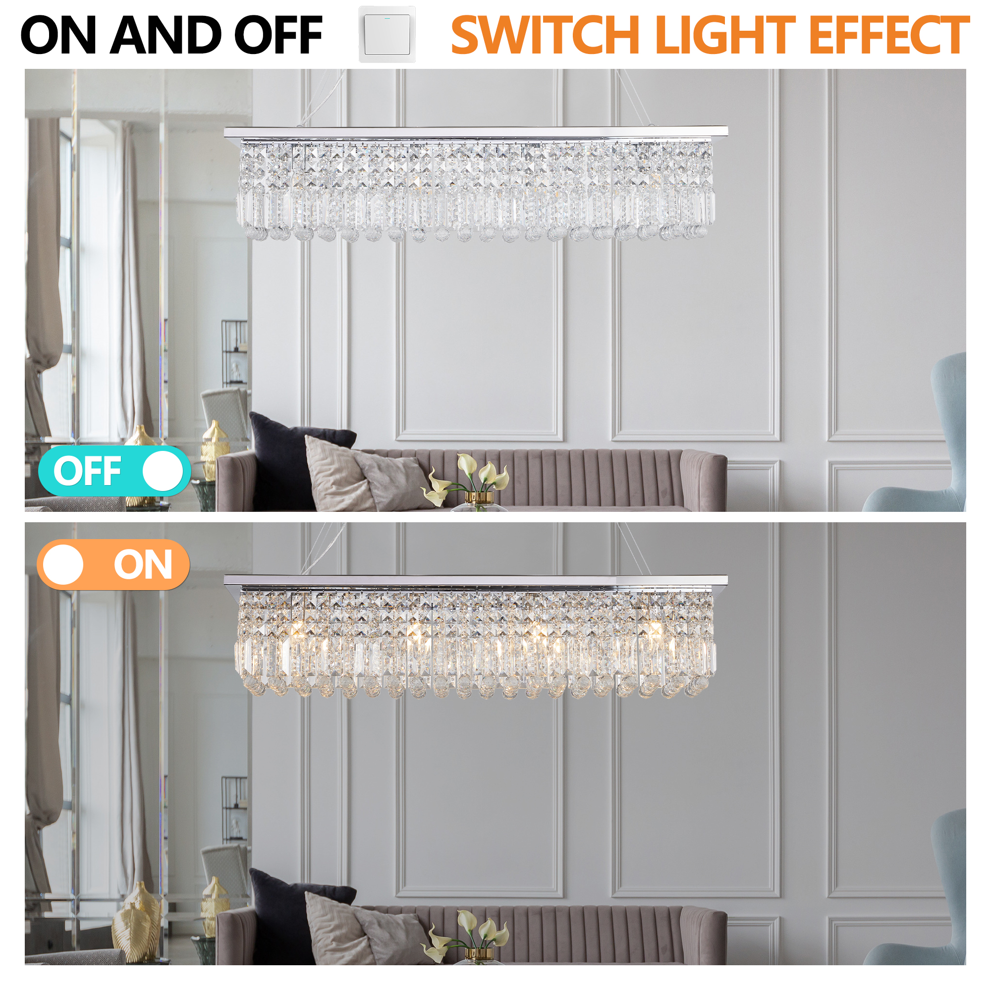 Modern Crystal Chandelier for Dining Room 8-Light White Rectangle Raindrop Chandelier Contemporary Rectangular Pendant Light Fixture for Kitchen Island Bar L39.4'' x W9.8'' x H8.7'(Bulb Not Included) photo 3